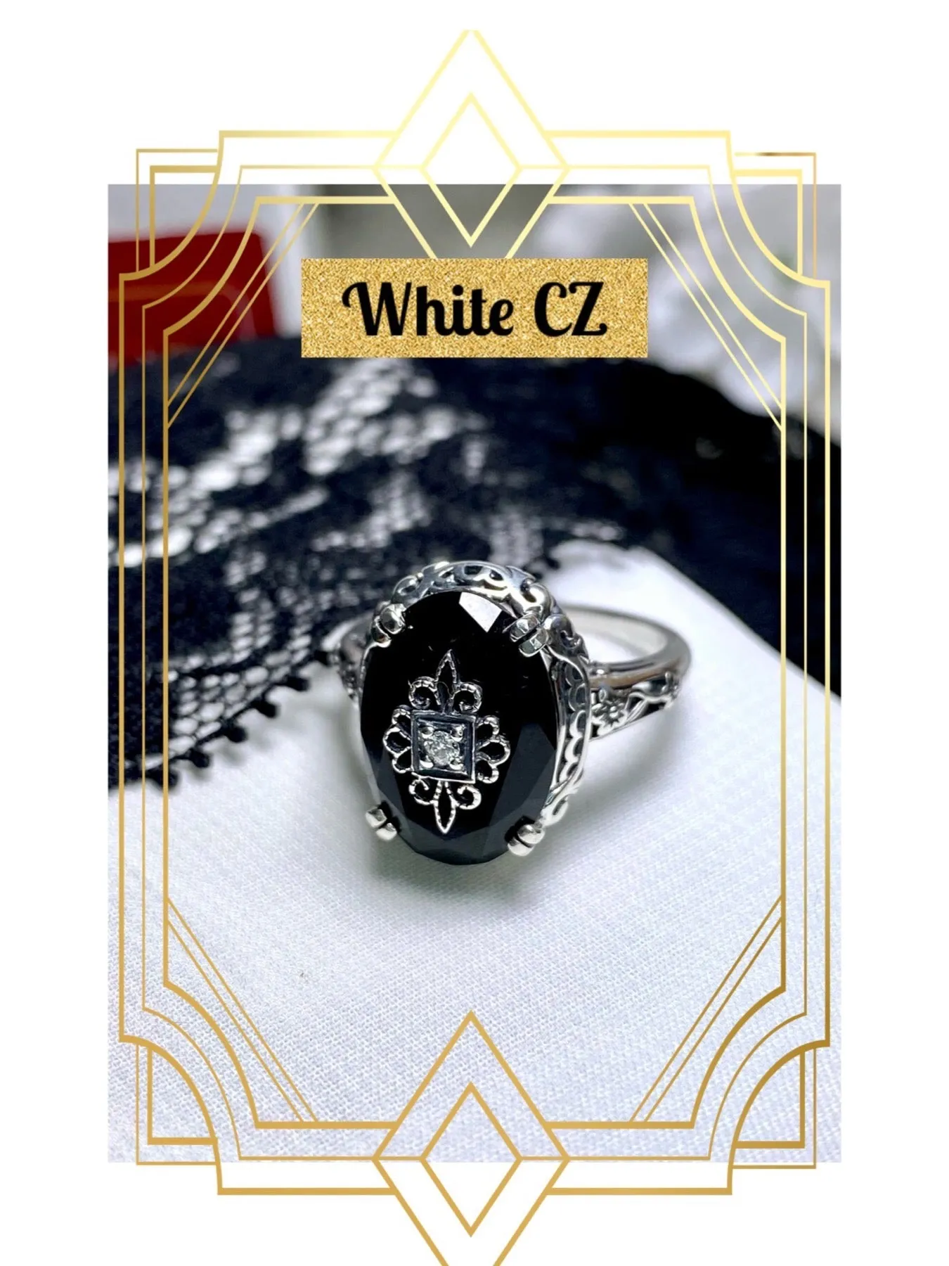 Onyx Ring, Sterling Silver Embellishment, Edwardian Jewelry #D70e