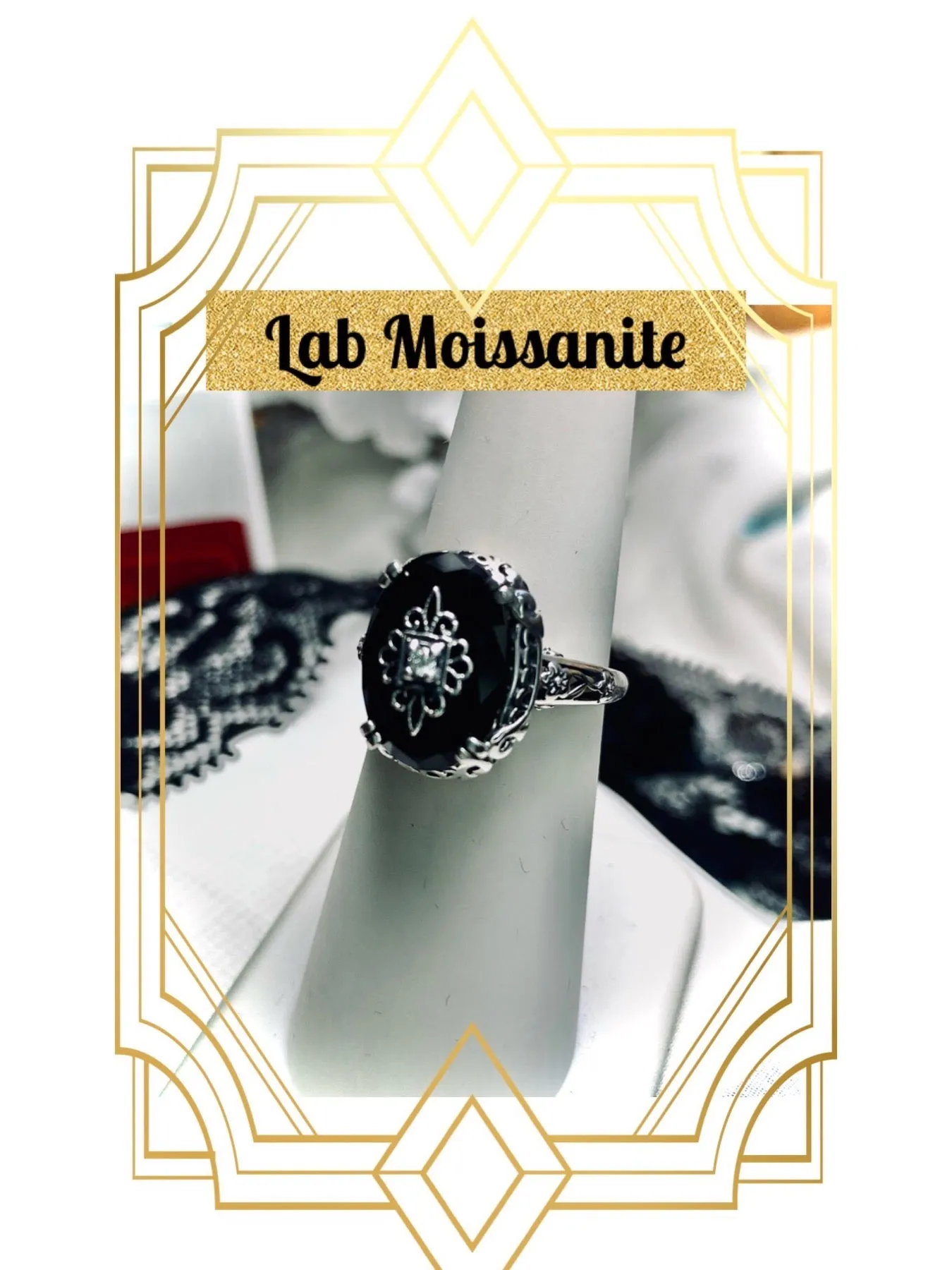 Onyx Ring, Sterling Silver Embellishment, Edwardian Jewelry #D70e