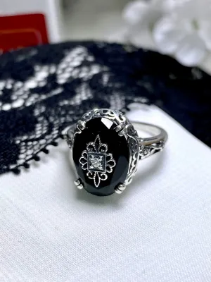 Onyx Ring, Sterling Silver Embellishment, Edwardian Jewelry #D70e