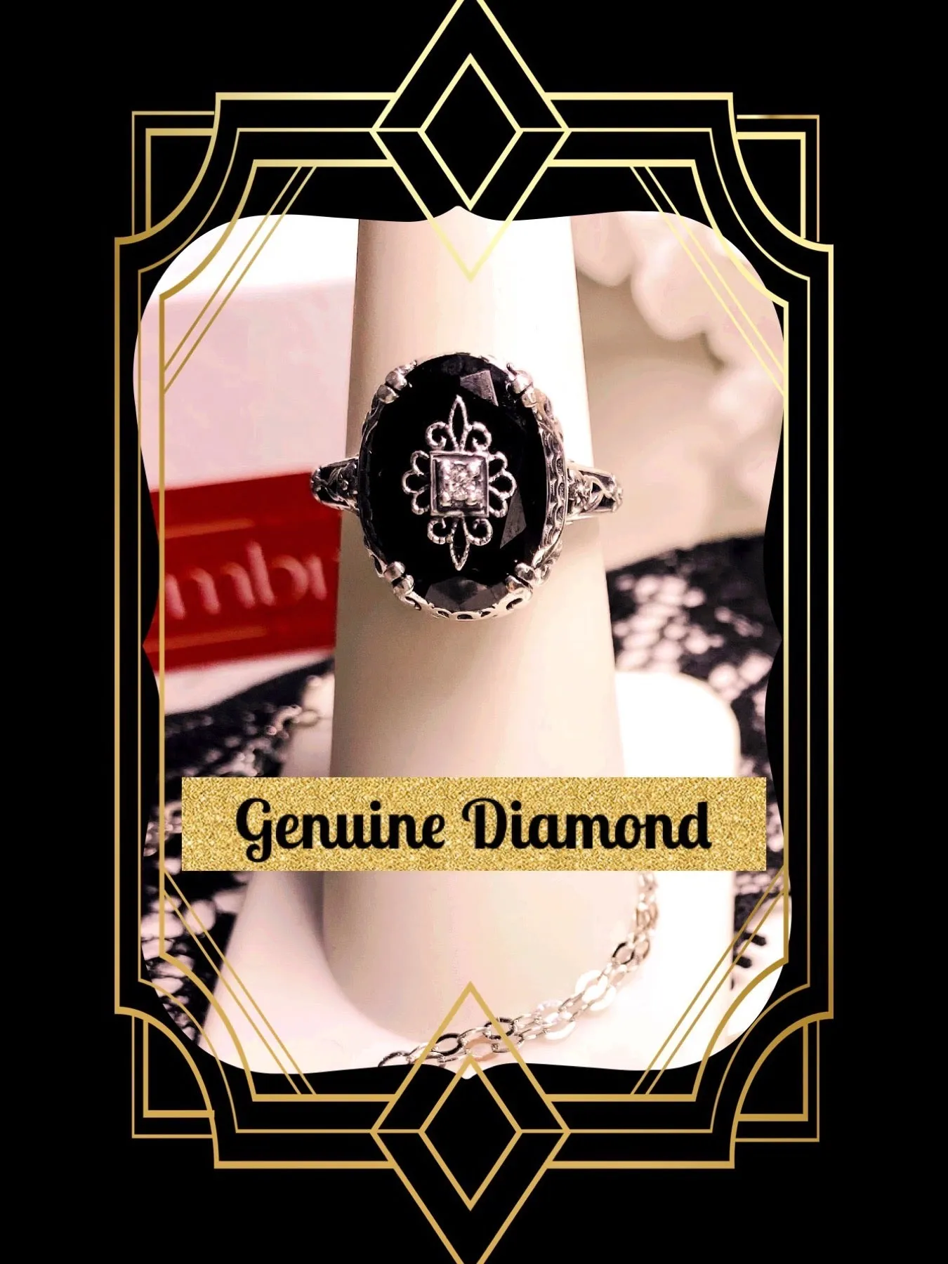 Onyx Ring, Sterling Silver Embellishment, Edwardian Jewelry #D70e