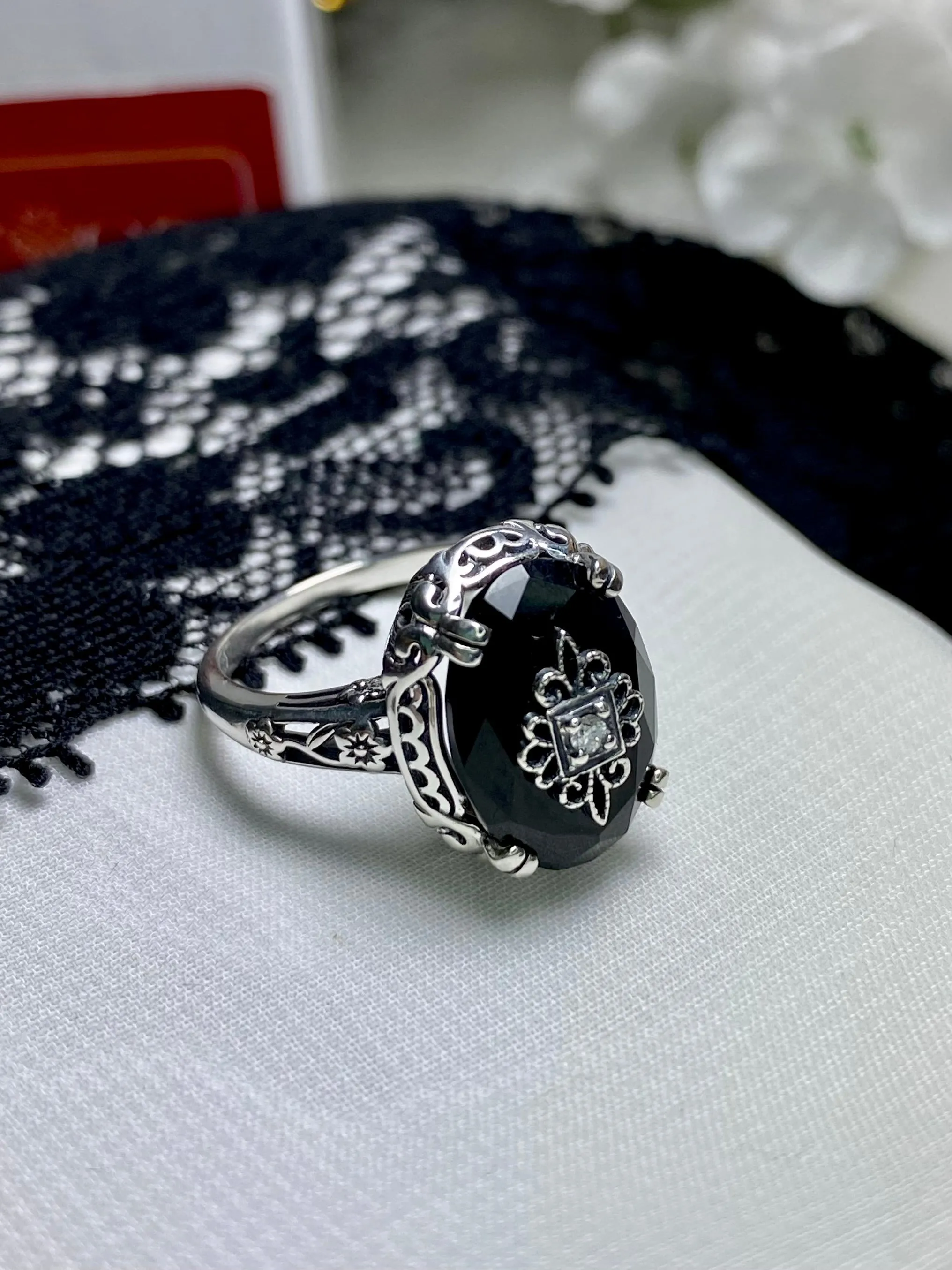 Onyx Ring, Sterling Silver Embellishment, Edwardian Jewelry #D70e