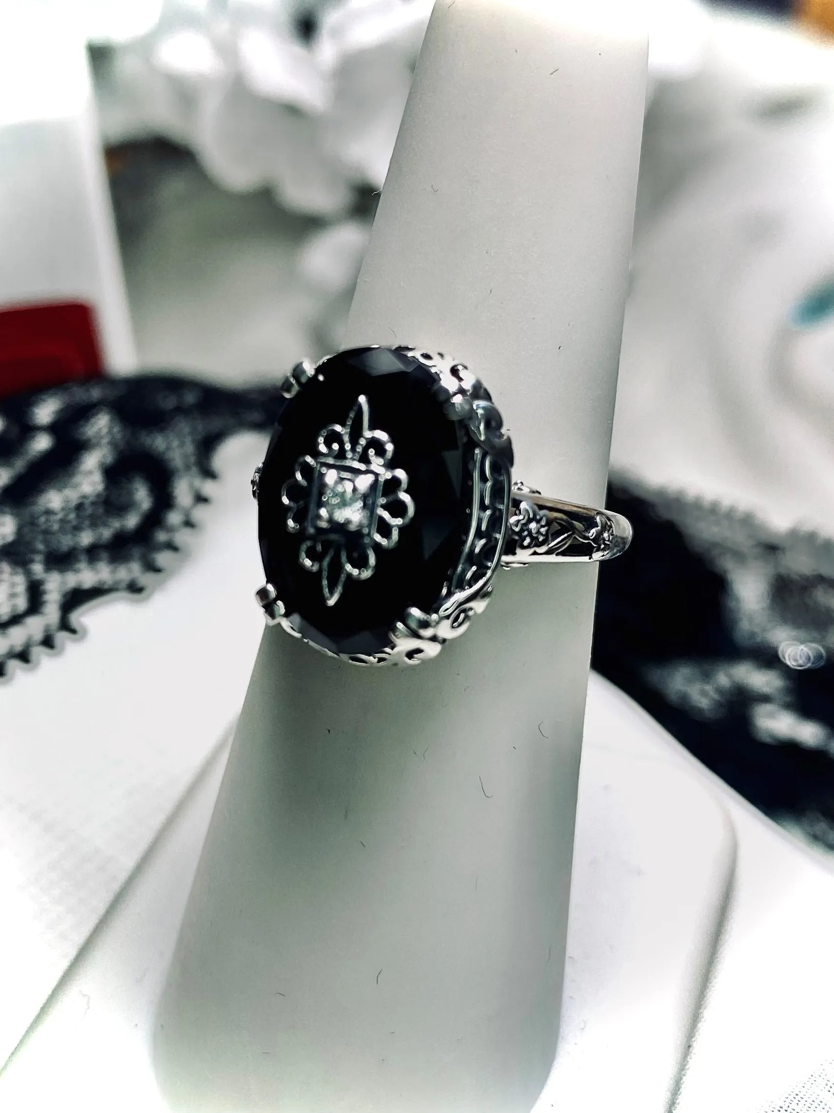 Onyx Ring, Sterling Silver Embellishment, Edwardian Jewelry #D70e