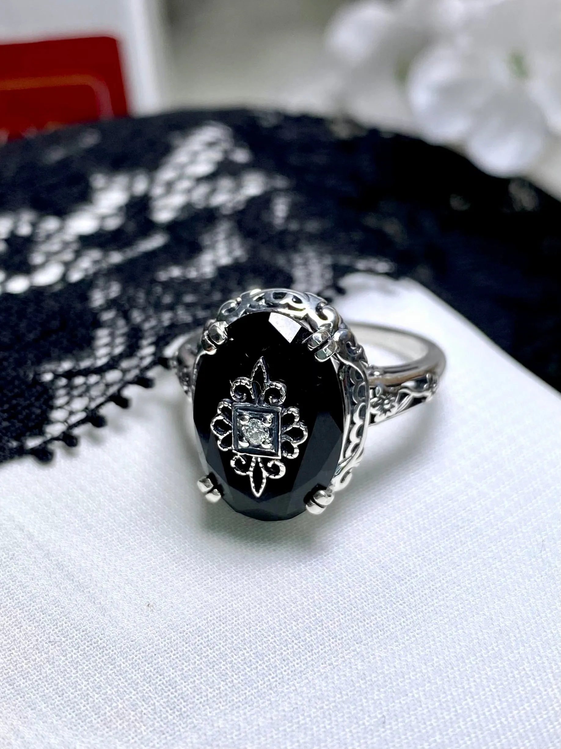 Onyx Ring, Sterling Silver Embellishment, Edwardian Jewelry #D70e