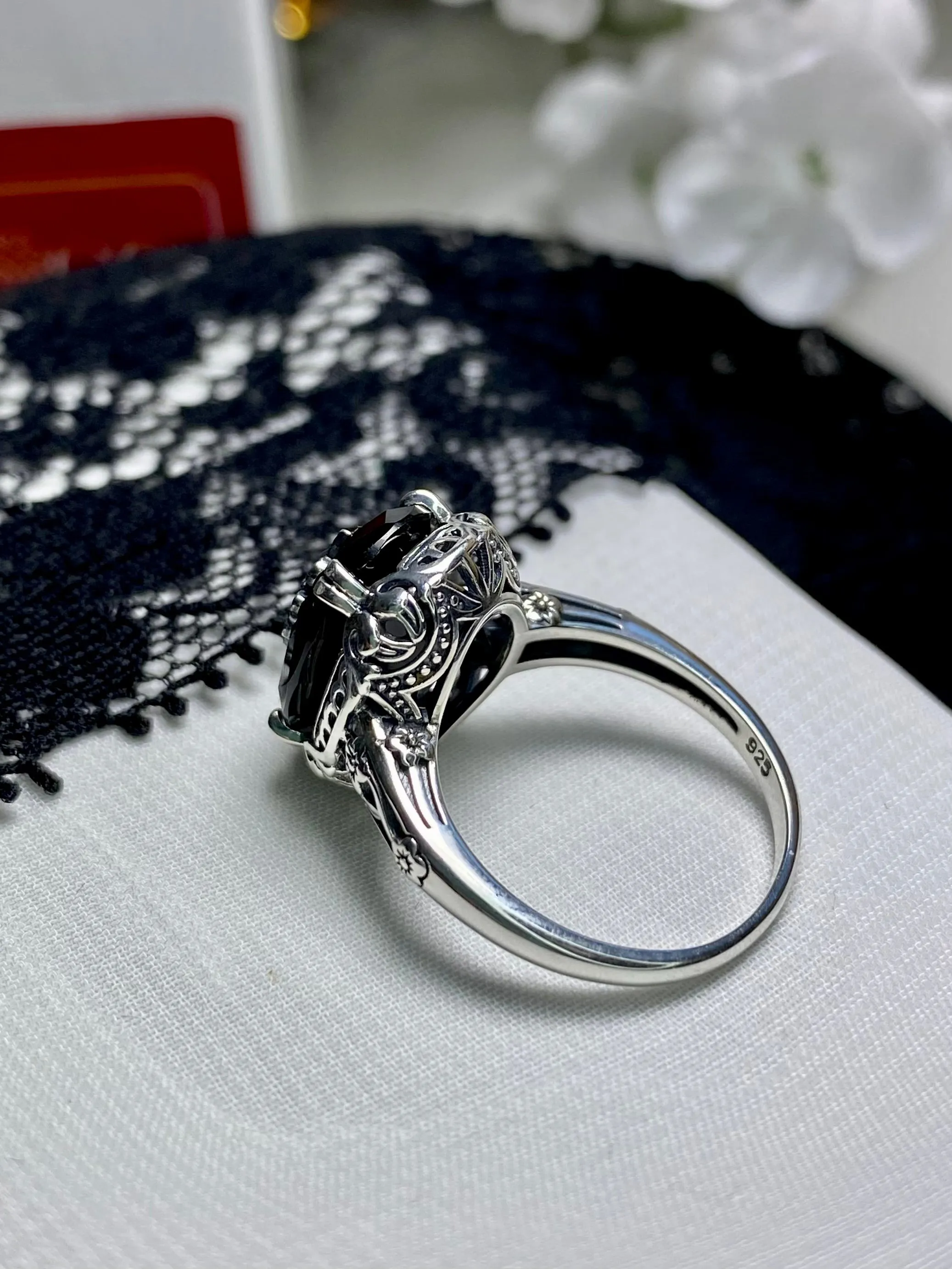 Onyx Ring, Sterling Silver Embellishment, Edwardian Jewelry #D70e