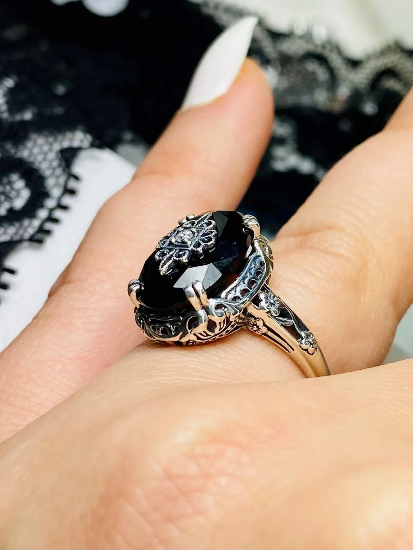 Onyx Ring, Sterling Silver Embellishment, Edwardian Jewelry #D70e