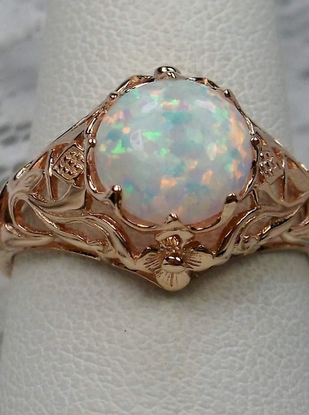 Opal Ring, Rose Gold plated Daisy Filigree, Victorian Jewelry #D66