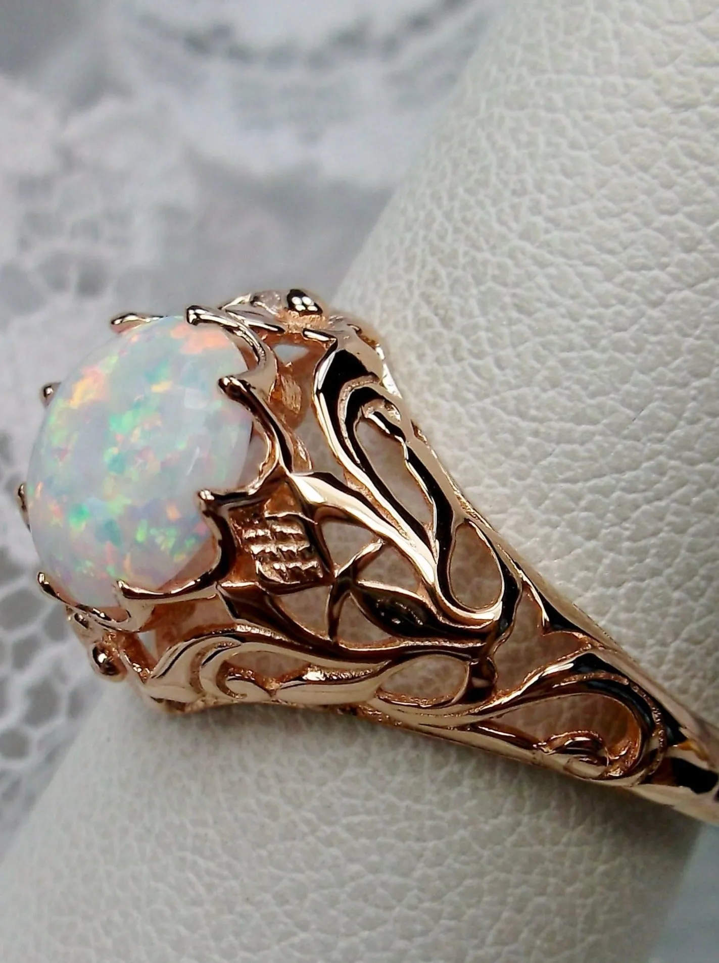 Opal Ring, Rose Gold plated Daisy Filigree, Victorian Jewelry #D66