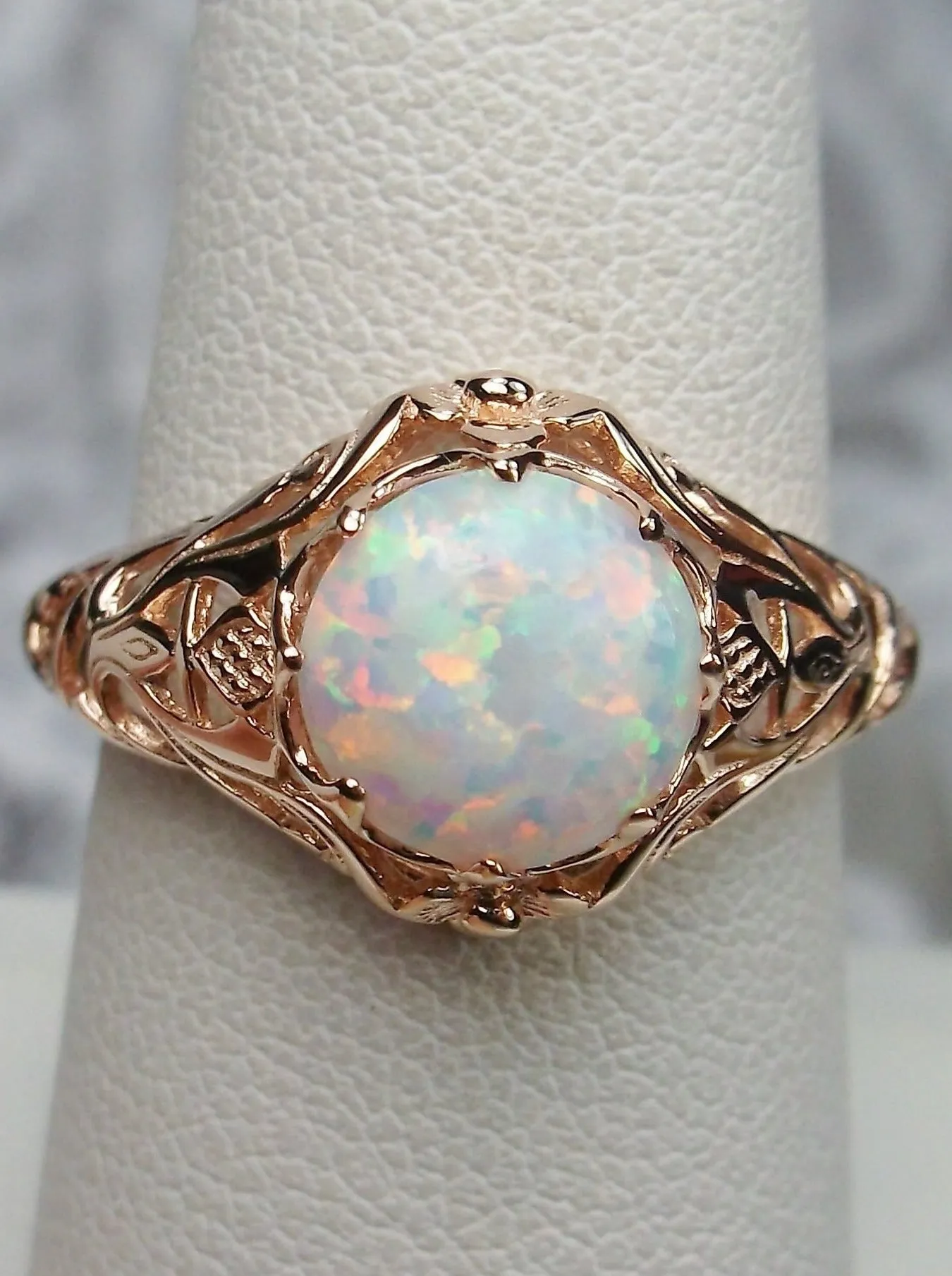 Opal Ring, Rose Gold plated Daisy Filigree, Victorian Jewelry #D66