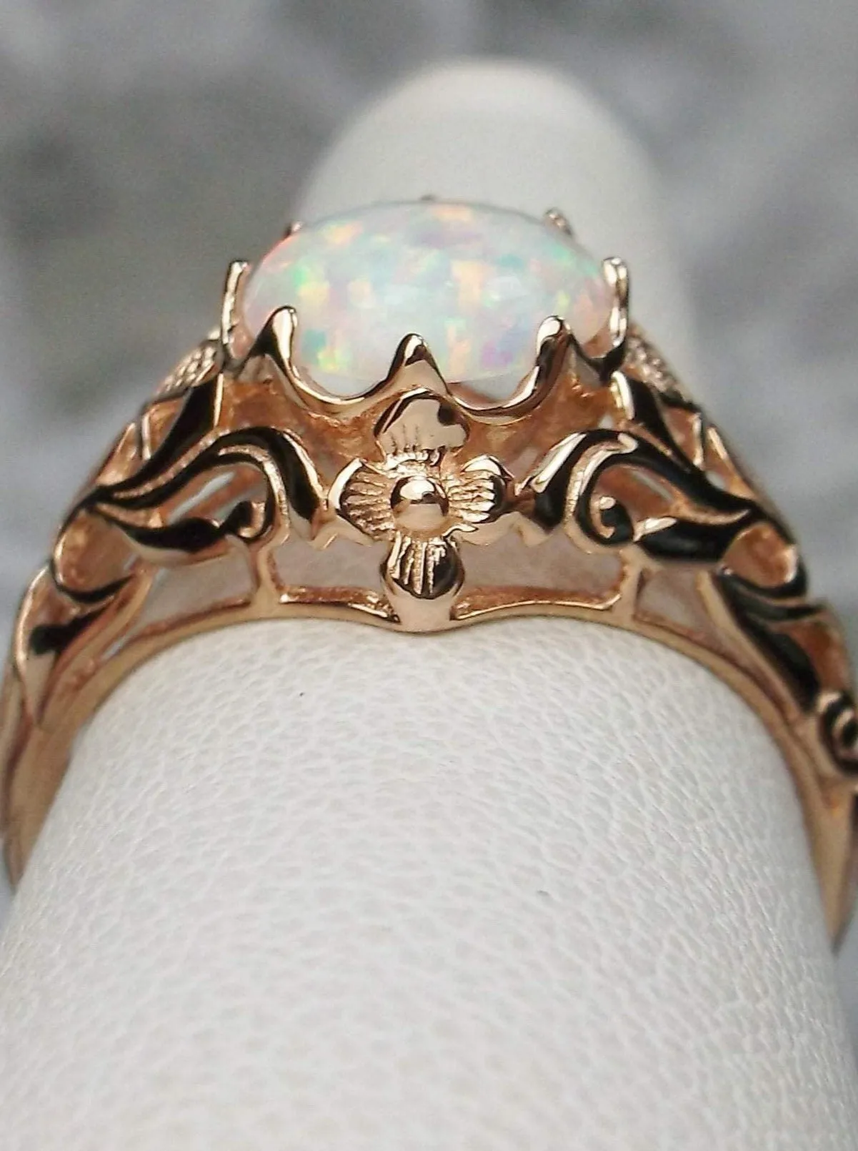Opal Ring, Rose Gold plated Daisy Filigree, Victorian Jewelry #D66