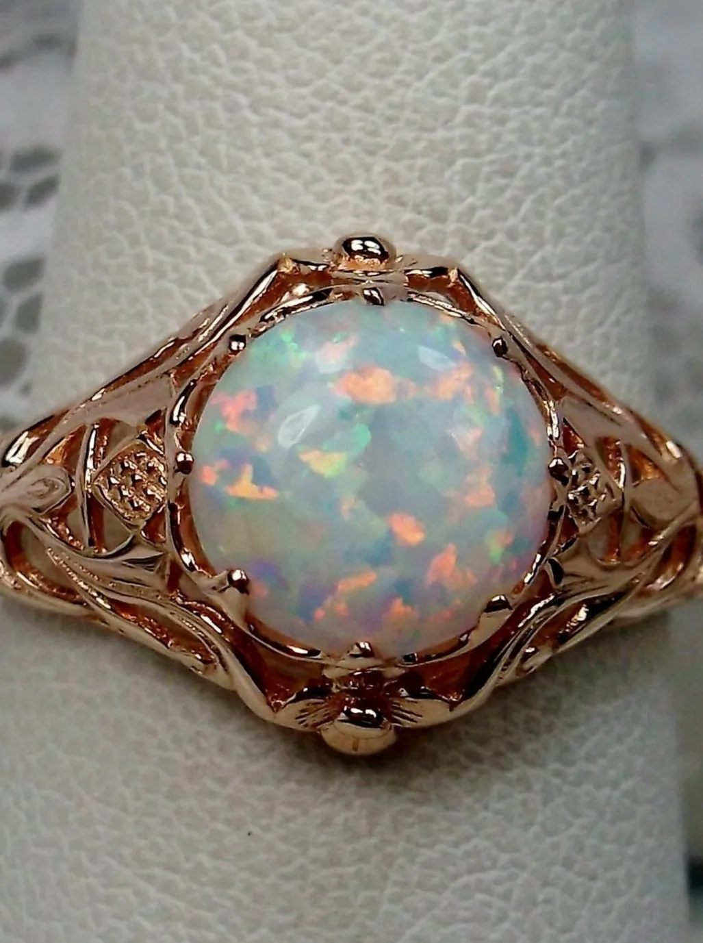 Opal Ring, Rose Gold plated Daisy Filigree, Victorian Jewelry #D66