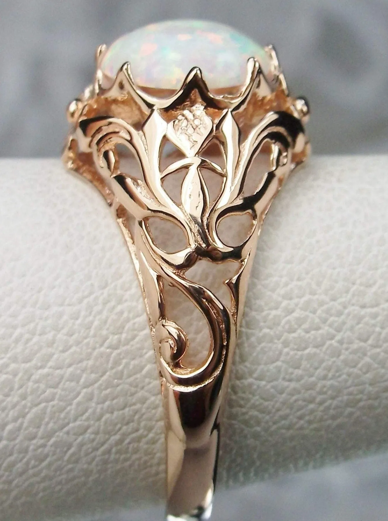 Opal Ring, Rose Gold plated Daisy Filigree, Victorian Jewelry #D66