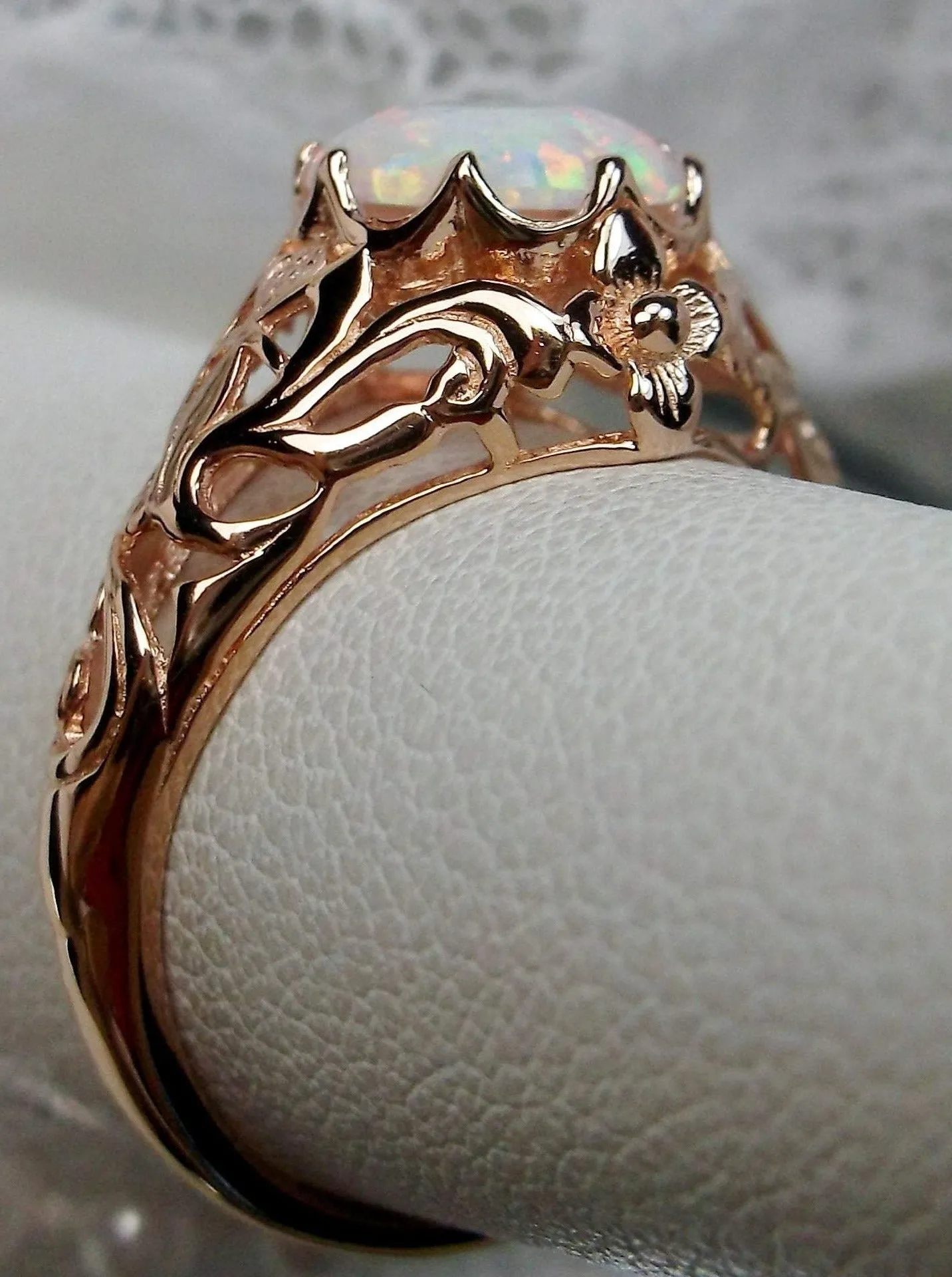 Opal Ring, Rose Gold plated Daisy Filigree, Victorian Jewelry #D66