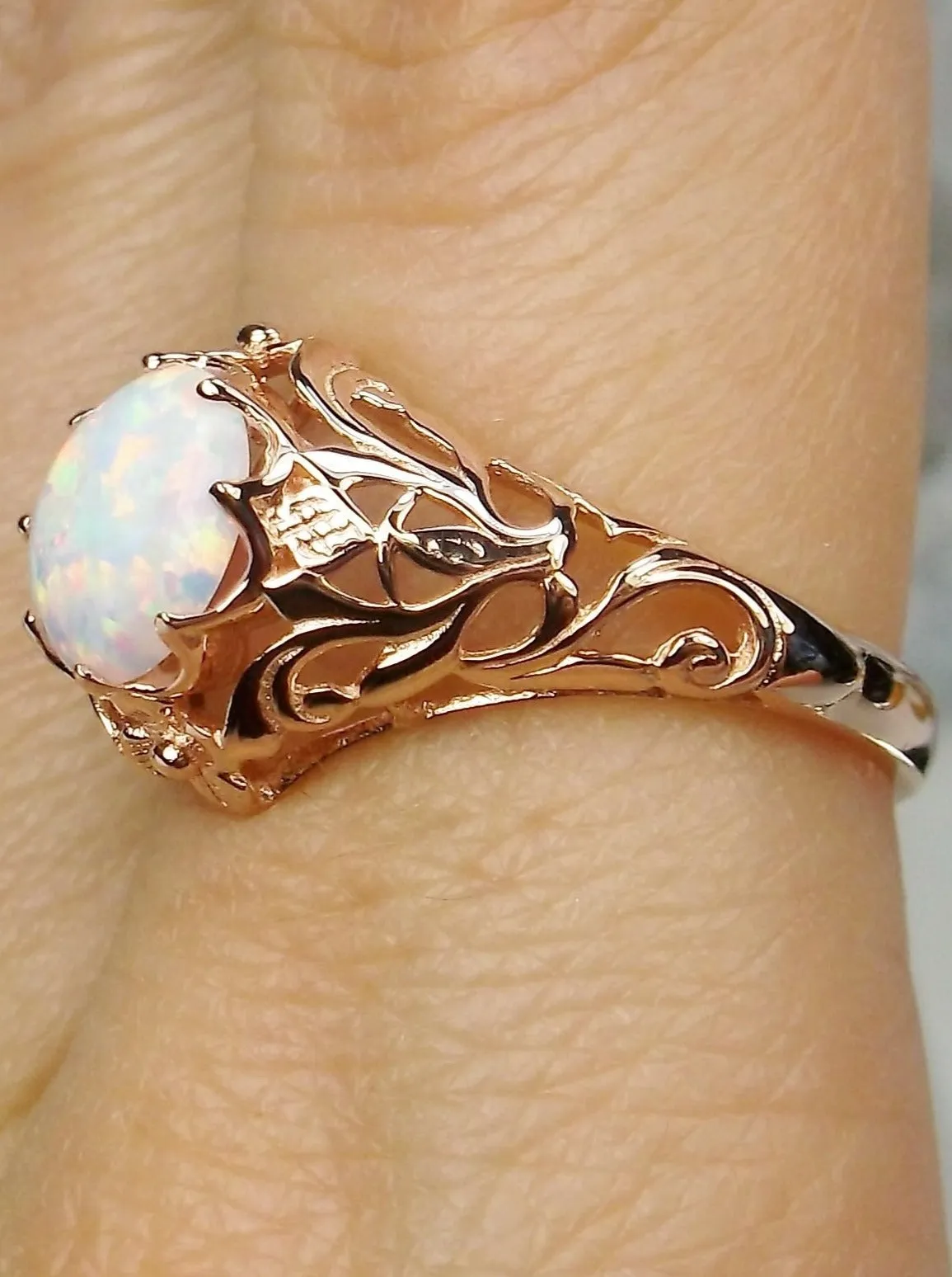 Opal Ring, Rose Gold plated Daisy Filigree, Victorian Jewelry #D66