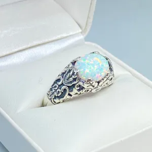 Opal Ring, Size 8, Sterling Silver Ivy Leaf Filigree Jewelry #D57 - Ready to Ship