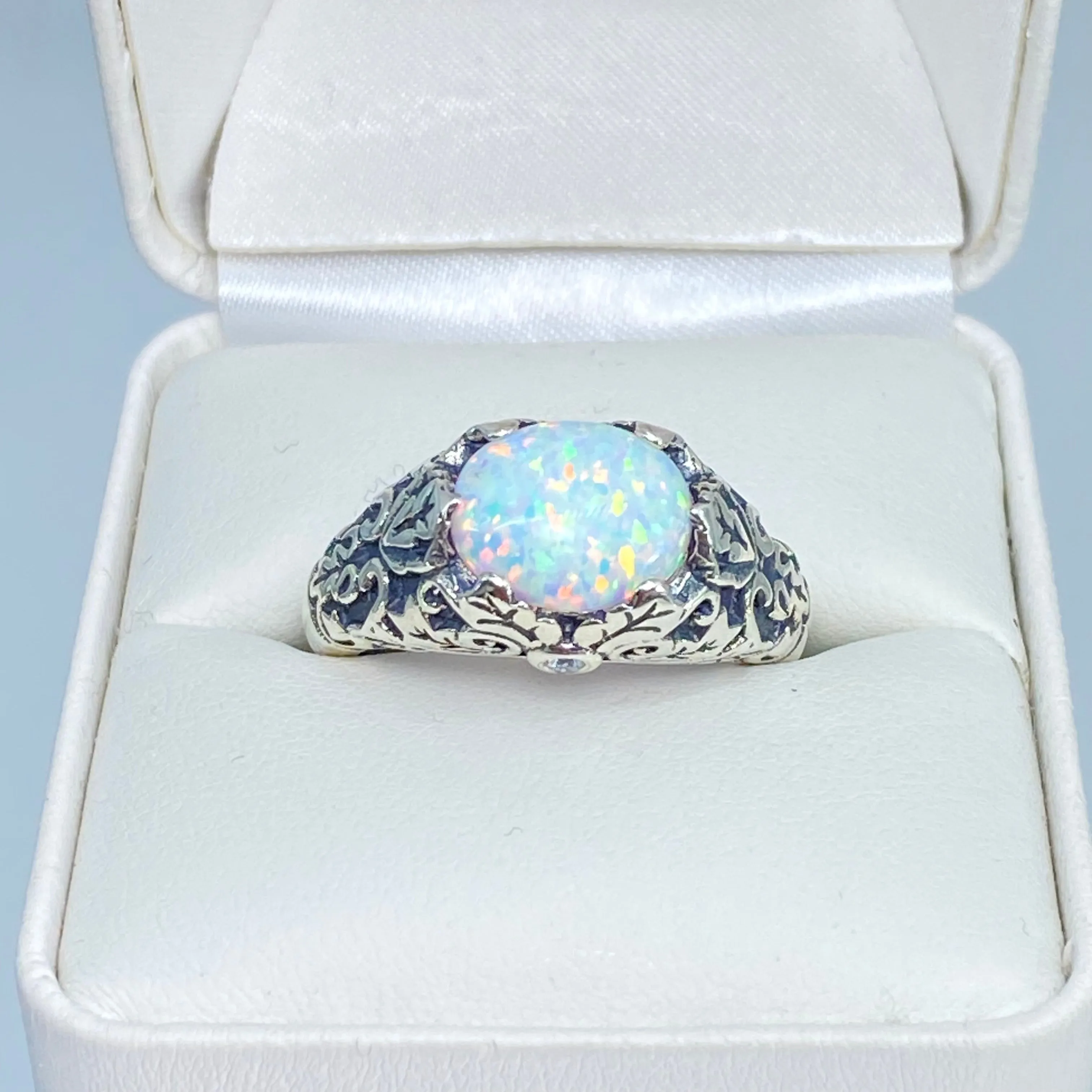 Opal Ring, Size 8, Sterling Silver Ivy Leaf Filigree Jewelry #D57 - Ready to Ship