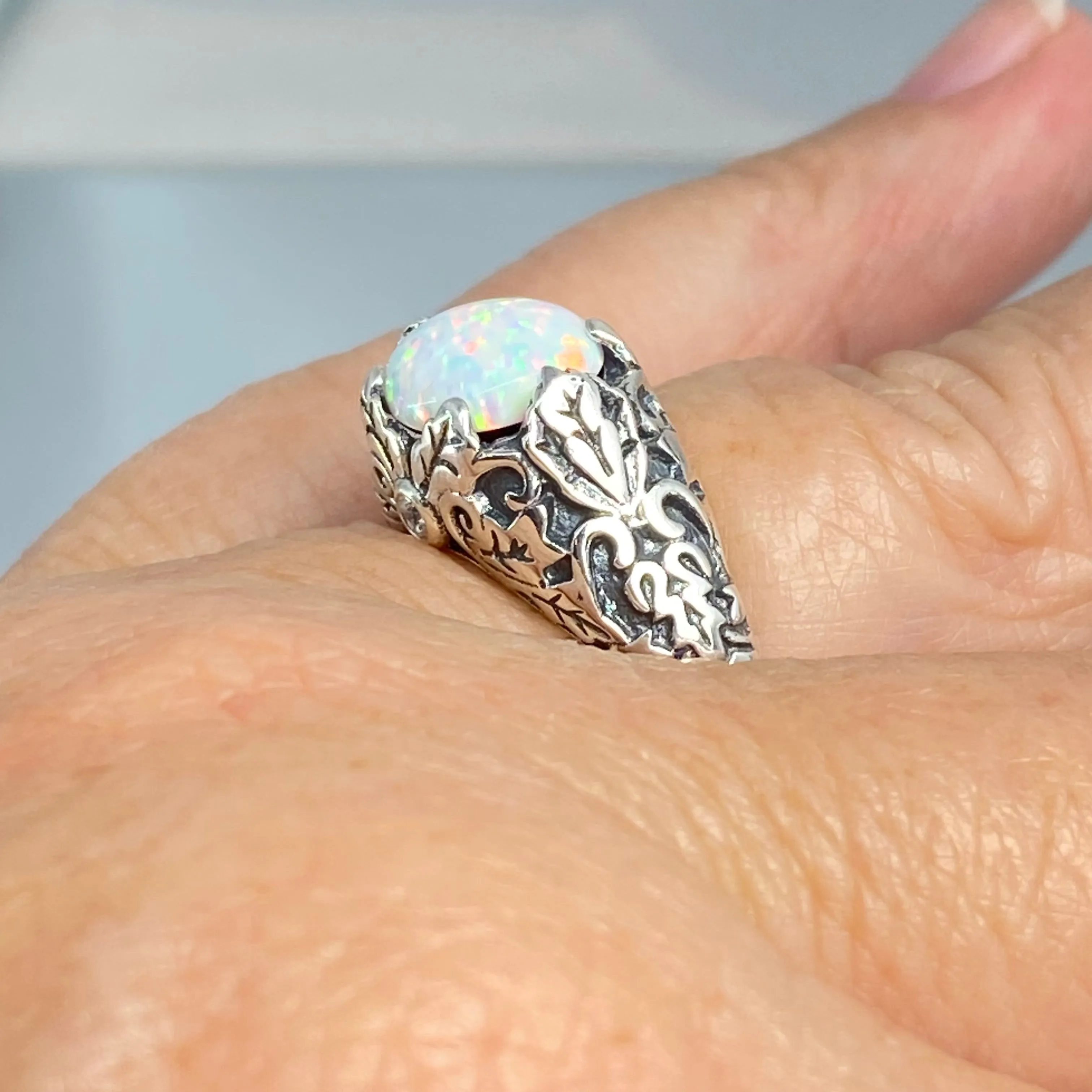 Opal Ring, Size 8, Sterling Silver Ivy Leaf Filigree Jewelry #D57 - Ready to Ship