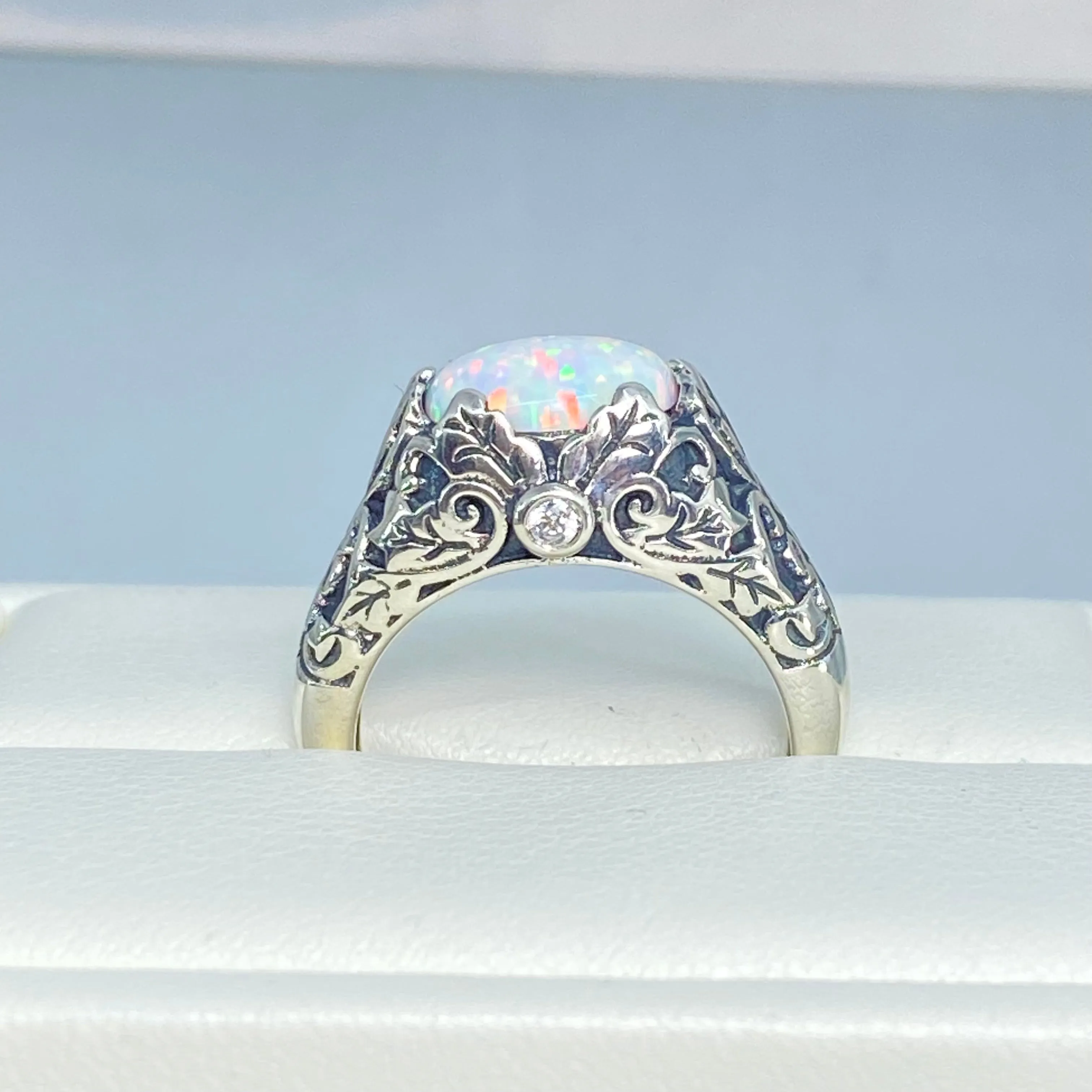 Opal Ring, Size 8, Sterling Silver Ivy Leaf Filigree Jewelry #D57 - Ready to Ship