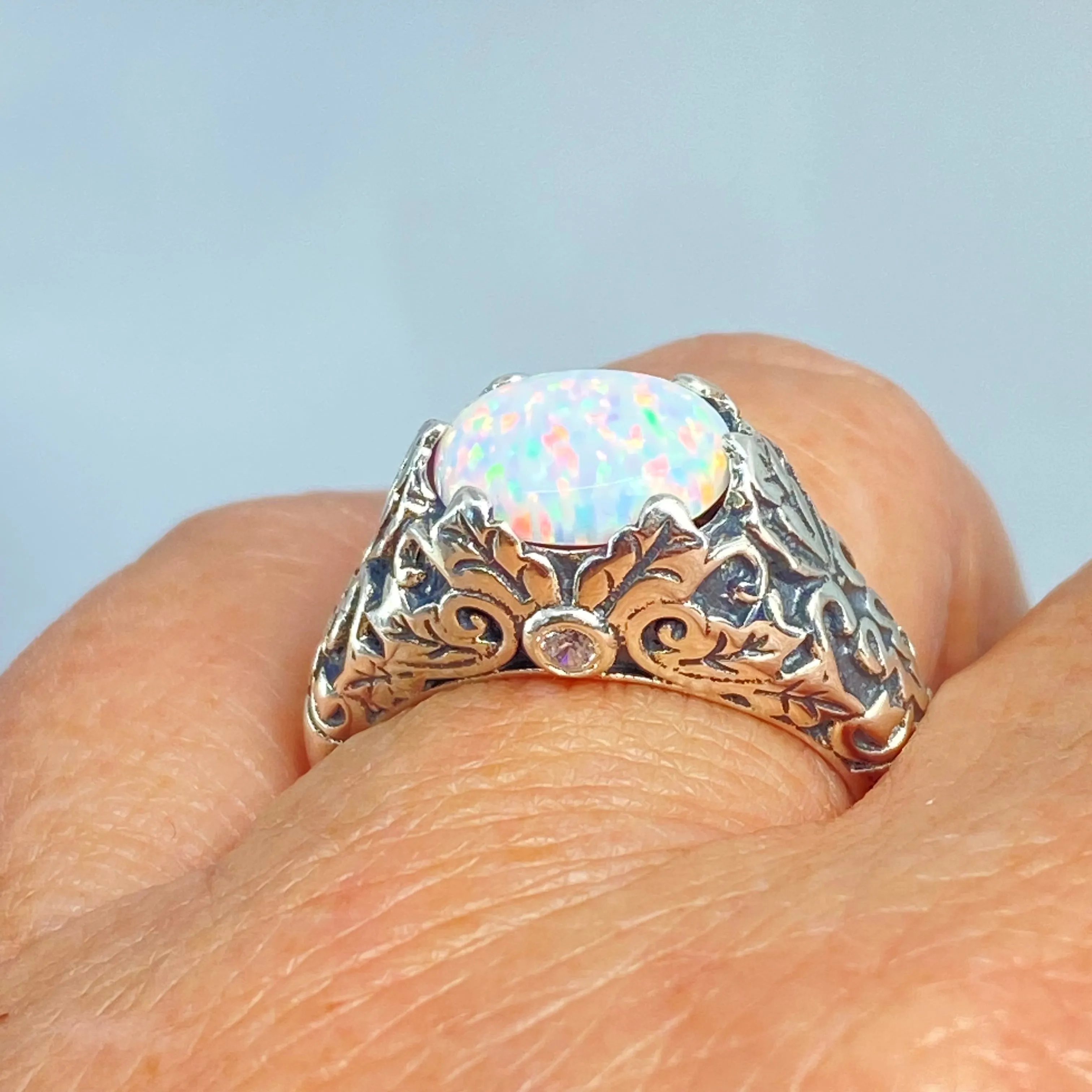 Opal Ring, Size 8, Sterling Silver Ivy Leaf Filigree Jewelry #D57 - Ready to Ship