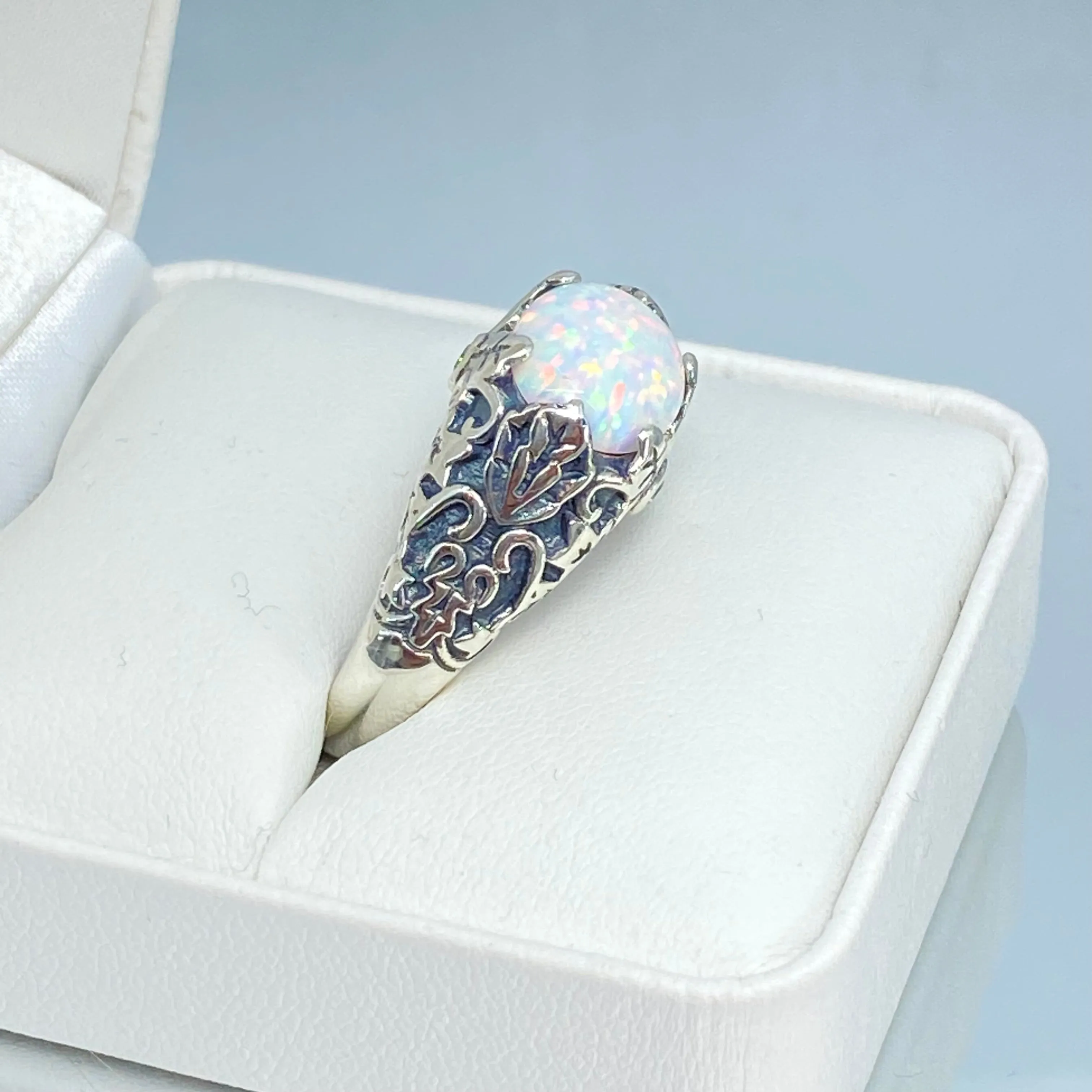 Opal Ring, Size 8, Sterling Silver Ivy Leaf Filigree Jewelry #D57 - Ready to Ship