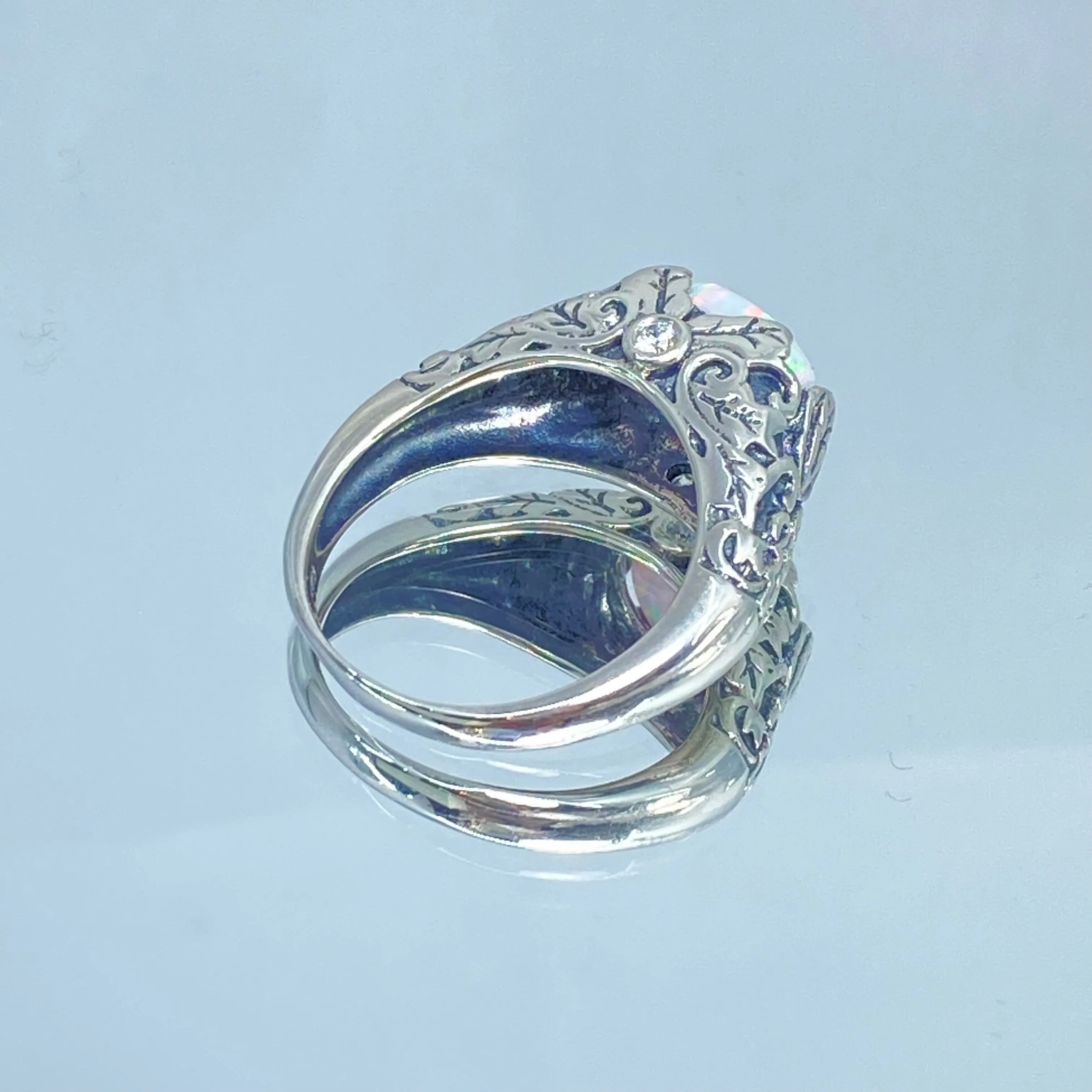 Opal Ring, Size 8, Sterling Silver Ivy Leaf Filigree Jewelry #D57 - Ready to Ship
