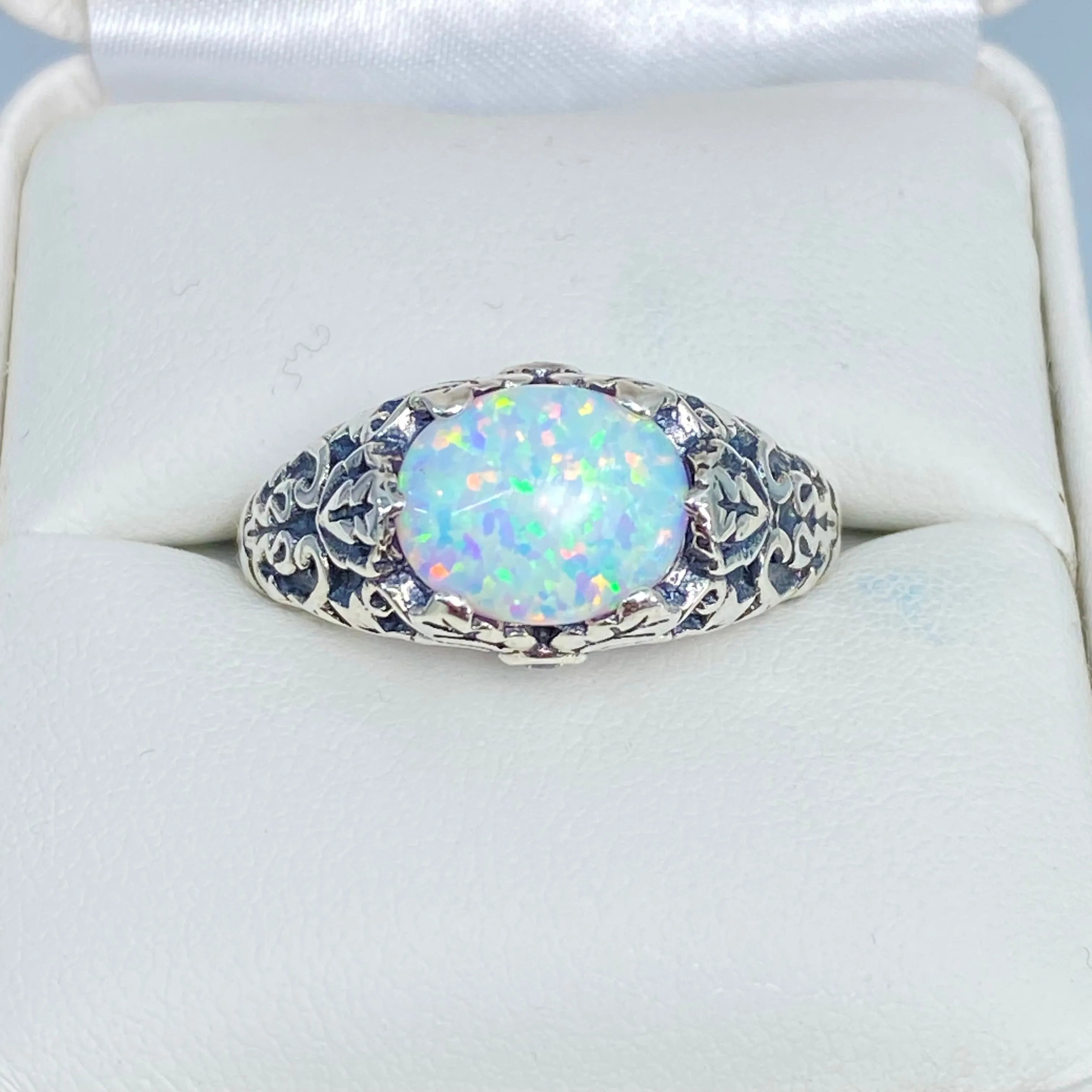 Opal Ring, Size 8, Sterling Silver Ivy Leaf Filigree Jewelry #D57 - Ready to Ship