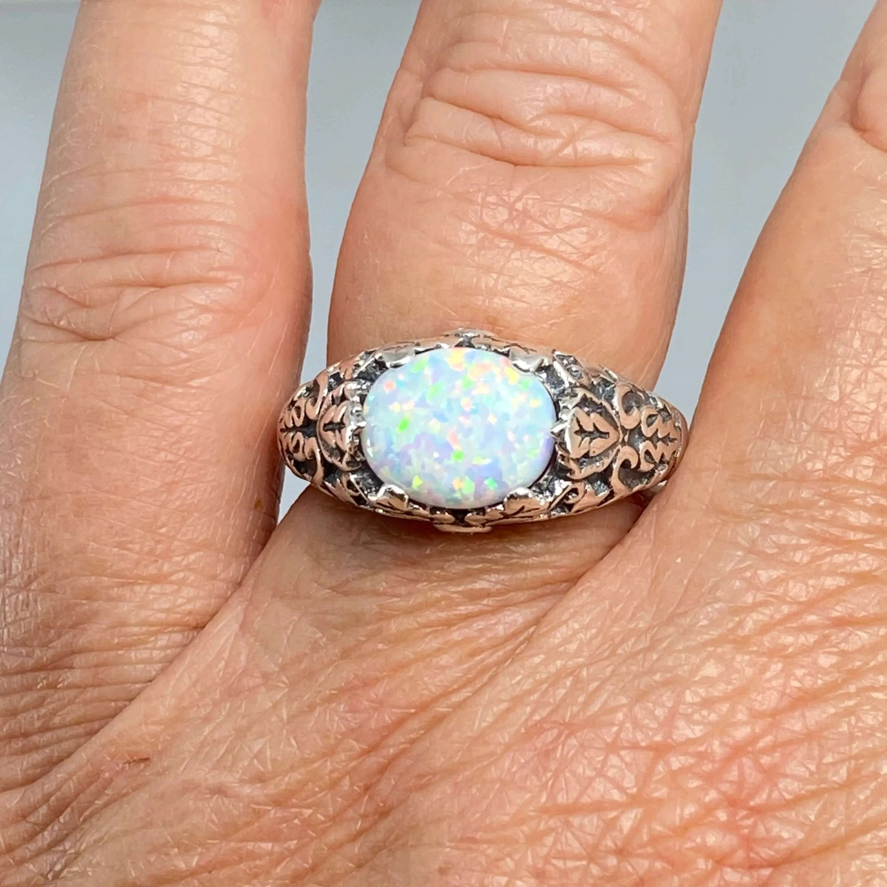 Opal Ring, Size 8, Sterling Silver Ivy Leaf Filigree Jewelry #D57 - Ready to Ship