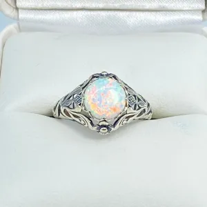 Opal Ring, Sterling Silver Daisy Filigree, Victorian Jewelry #D66