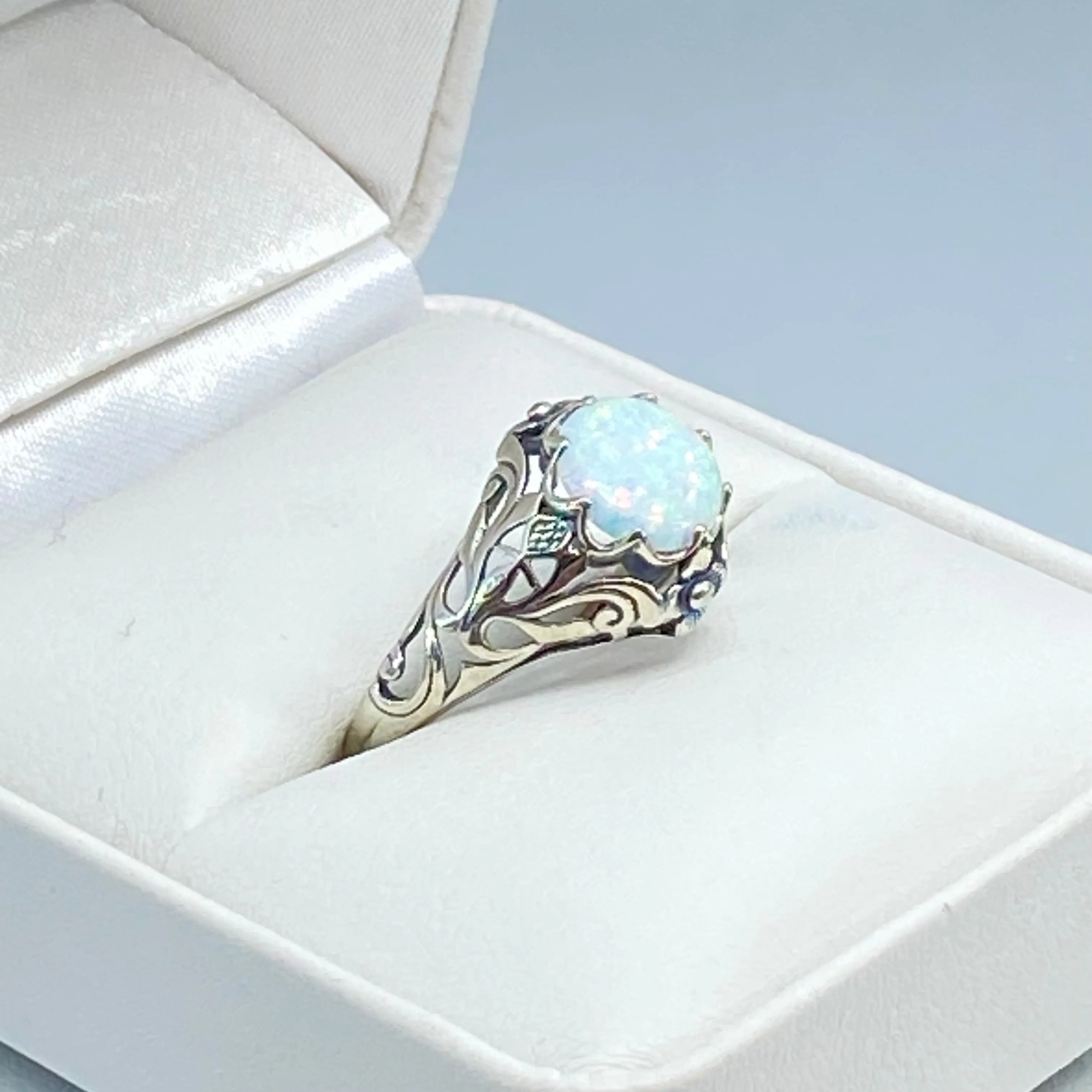 Opal Ring, Sterling Silver Daisy Filigree, Victorian Jewelry #D66