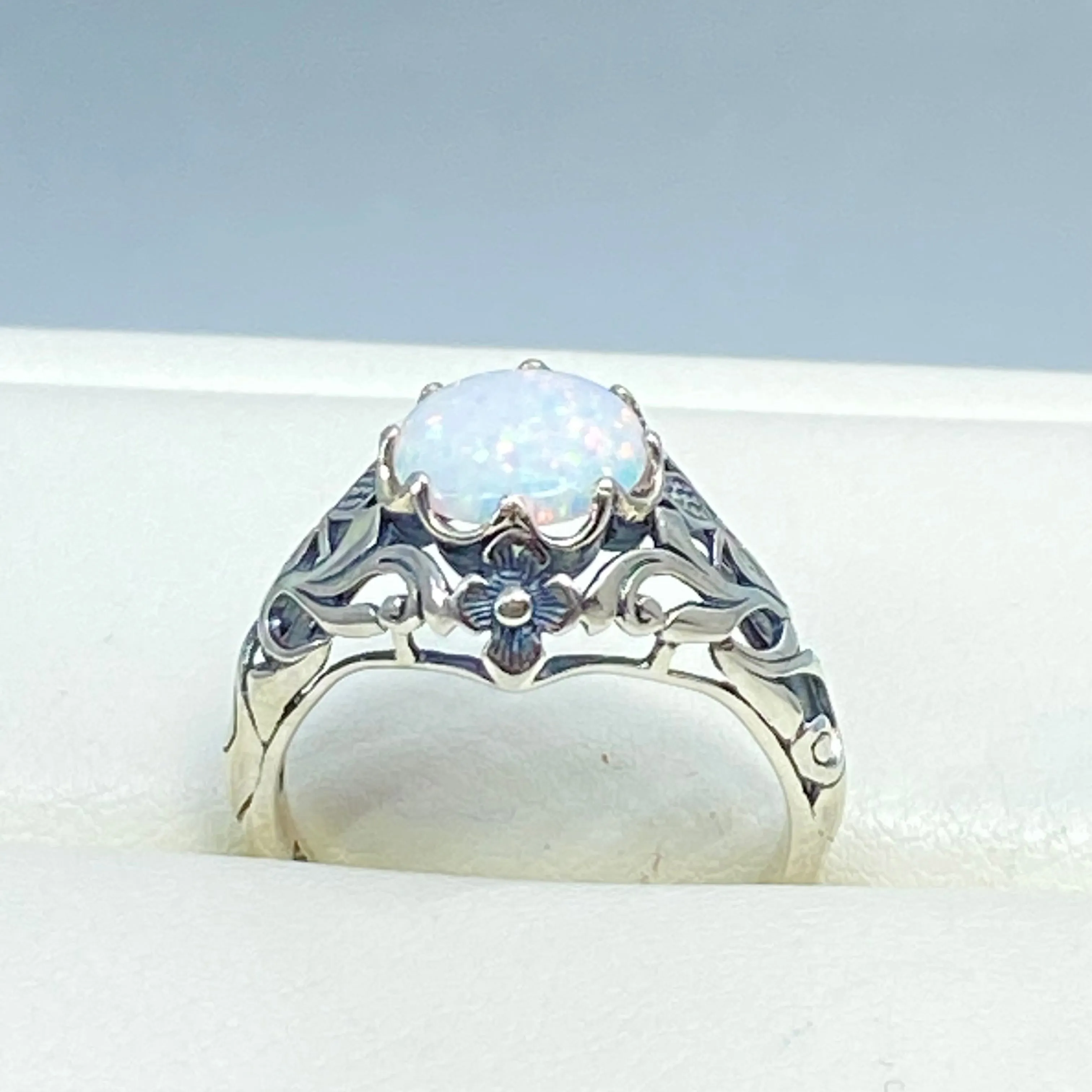 Opal Ring, Sterling Silver Daisy Filigree, Victorian Jewelry #D66