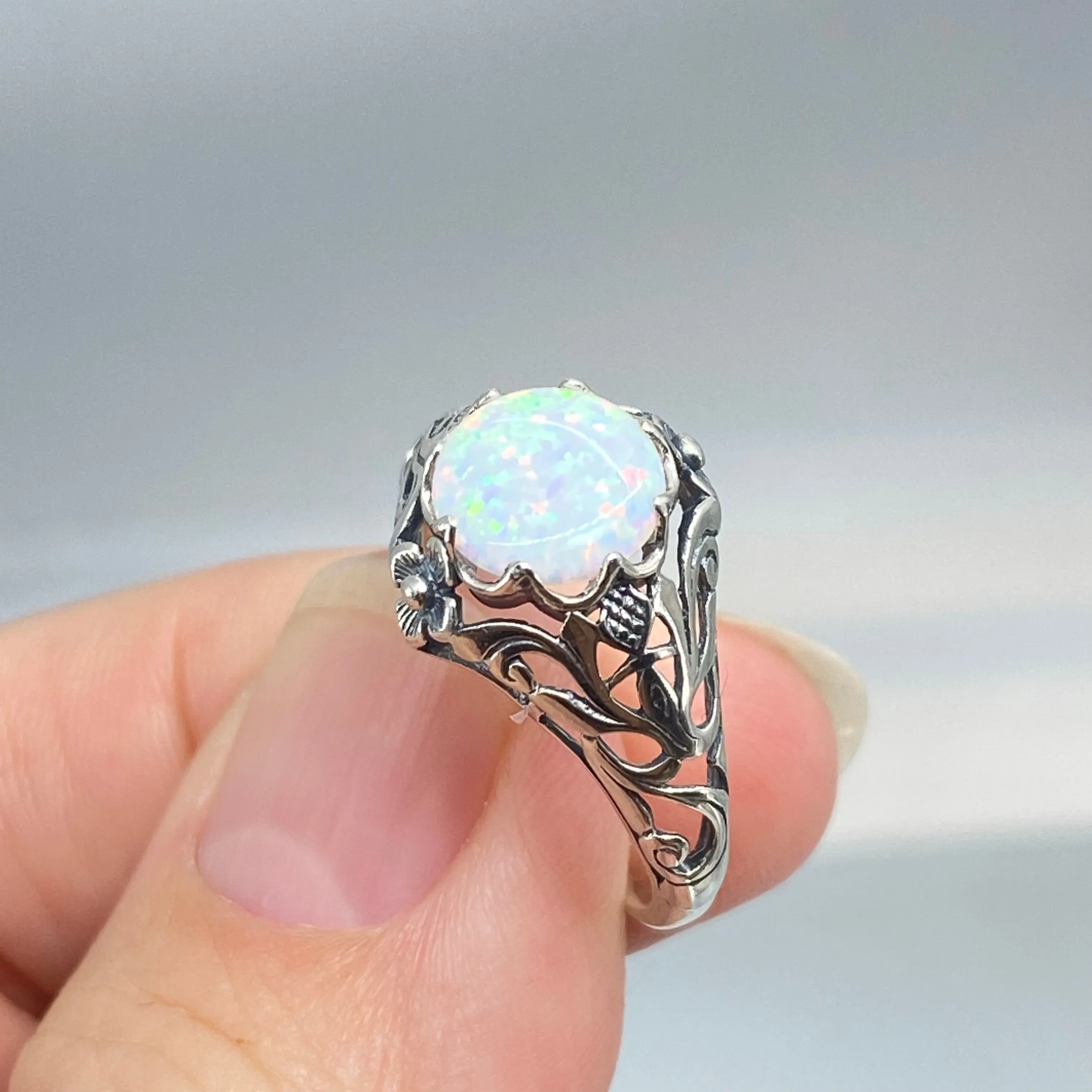 Opal Ring, Sterling Silver Daisy Filigree, Victorian Jewelry #D66
