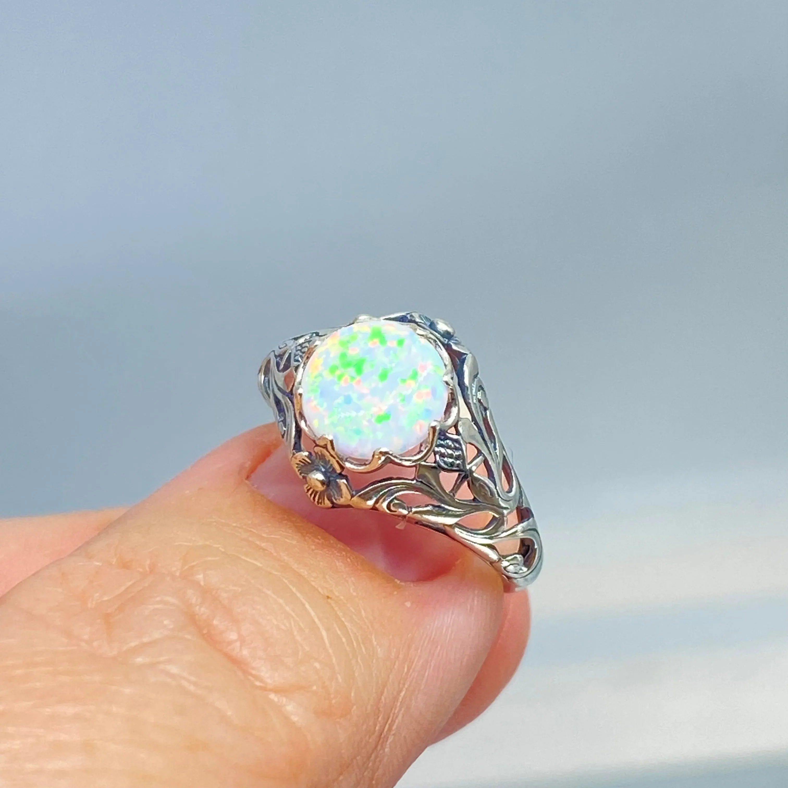 Opal Ring, Sterling Silver Daisy Filigree, Victorian Jewelry #D66