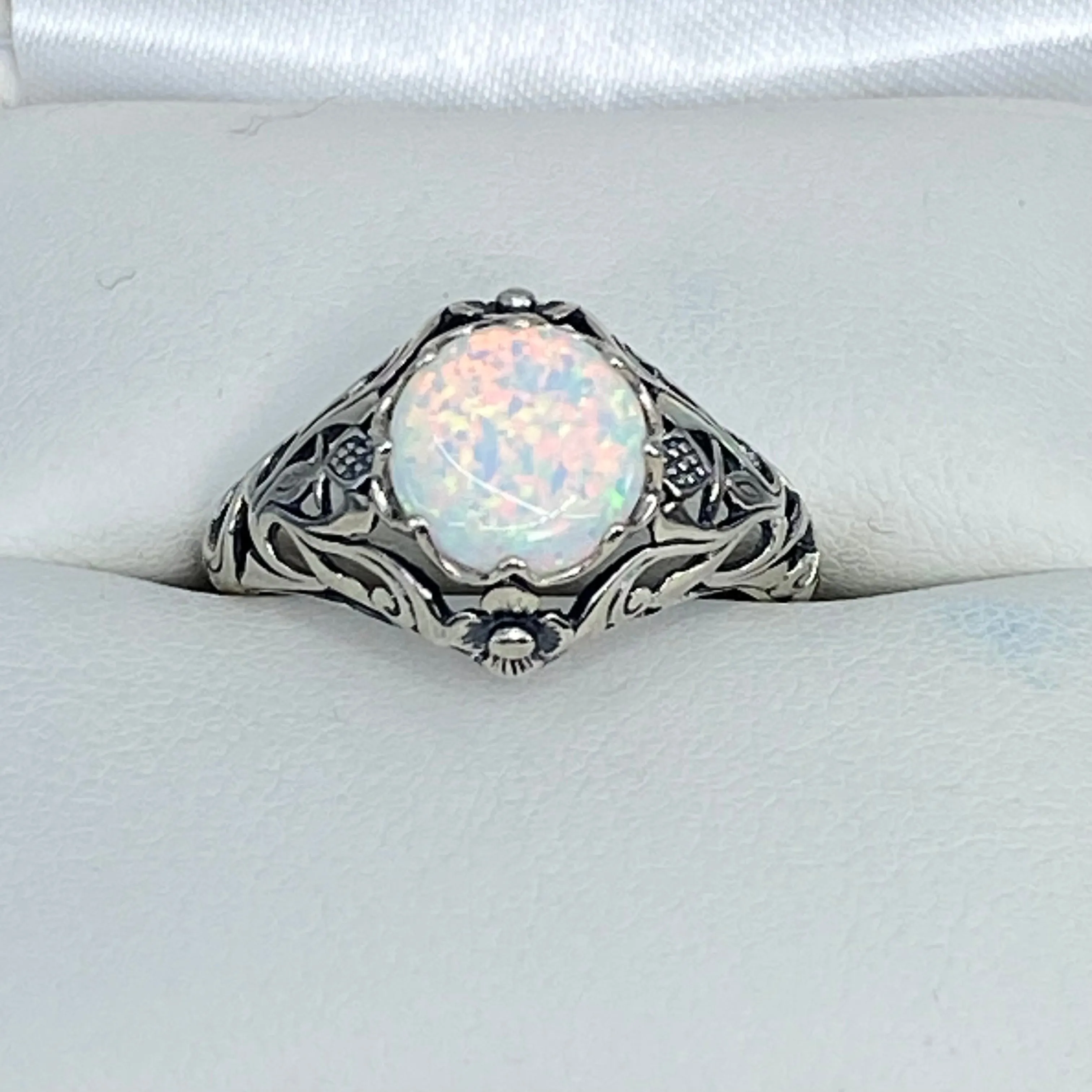 Opal Ring, Sterling Silver Daisy Filigree, Victorian Jewelry #D66