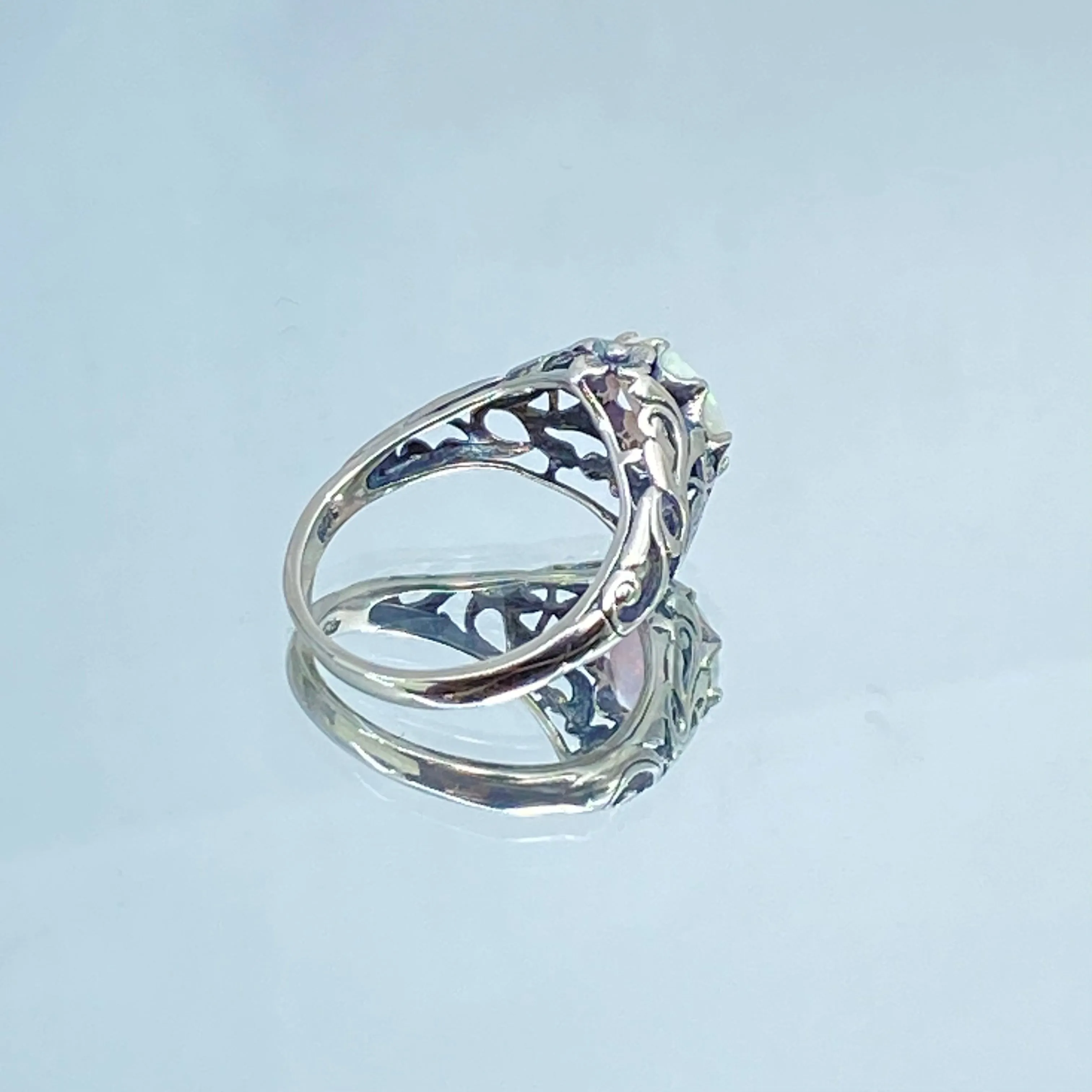 Opal Ring, Sterling Silver Daisy Filigree, Victorian Jewelry #D66