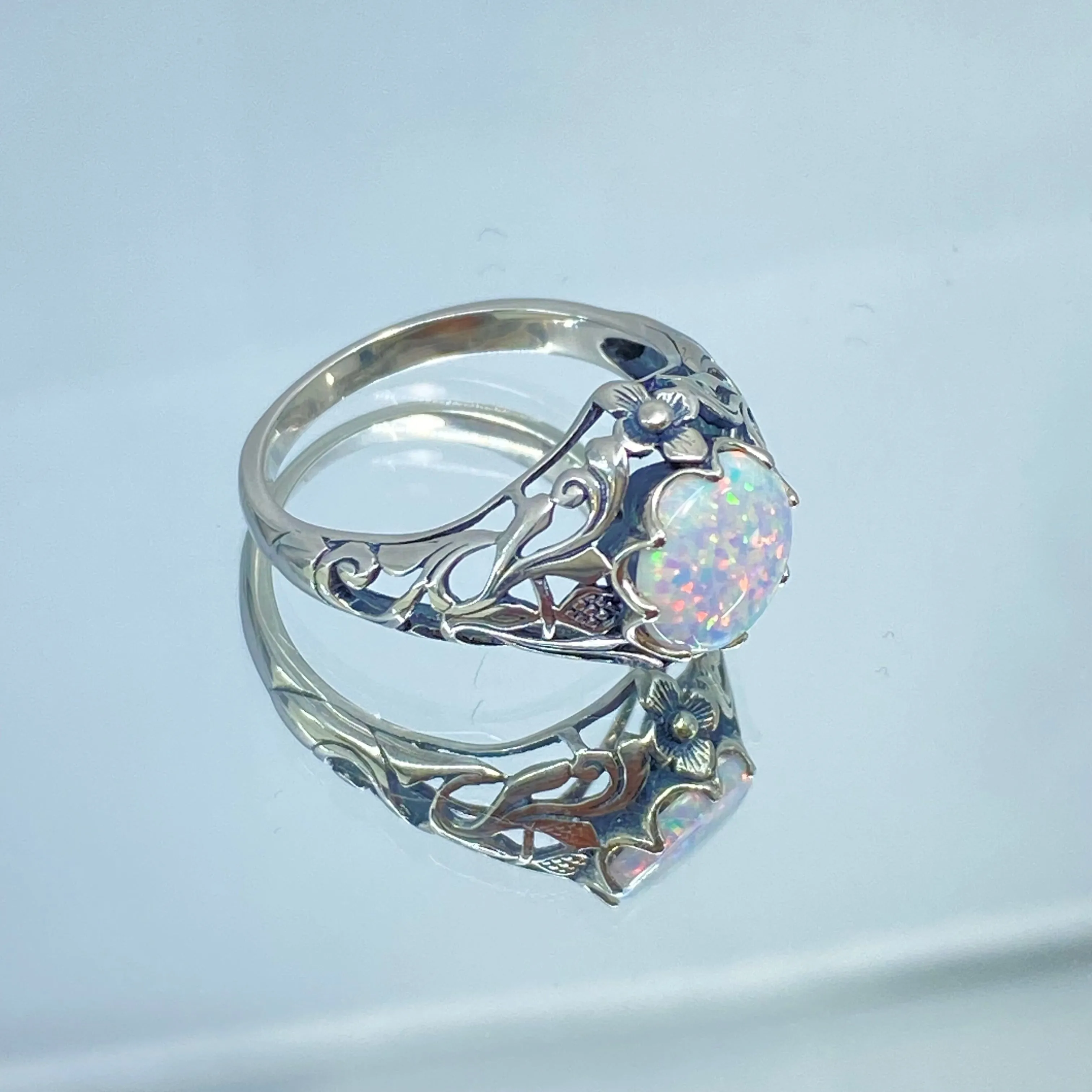 Opal Ring, Sterling Silver Daisy Filigree, Victorian Jewelry #D66