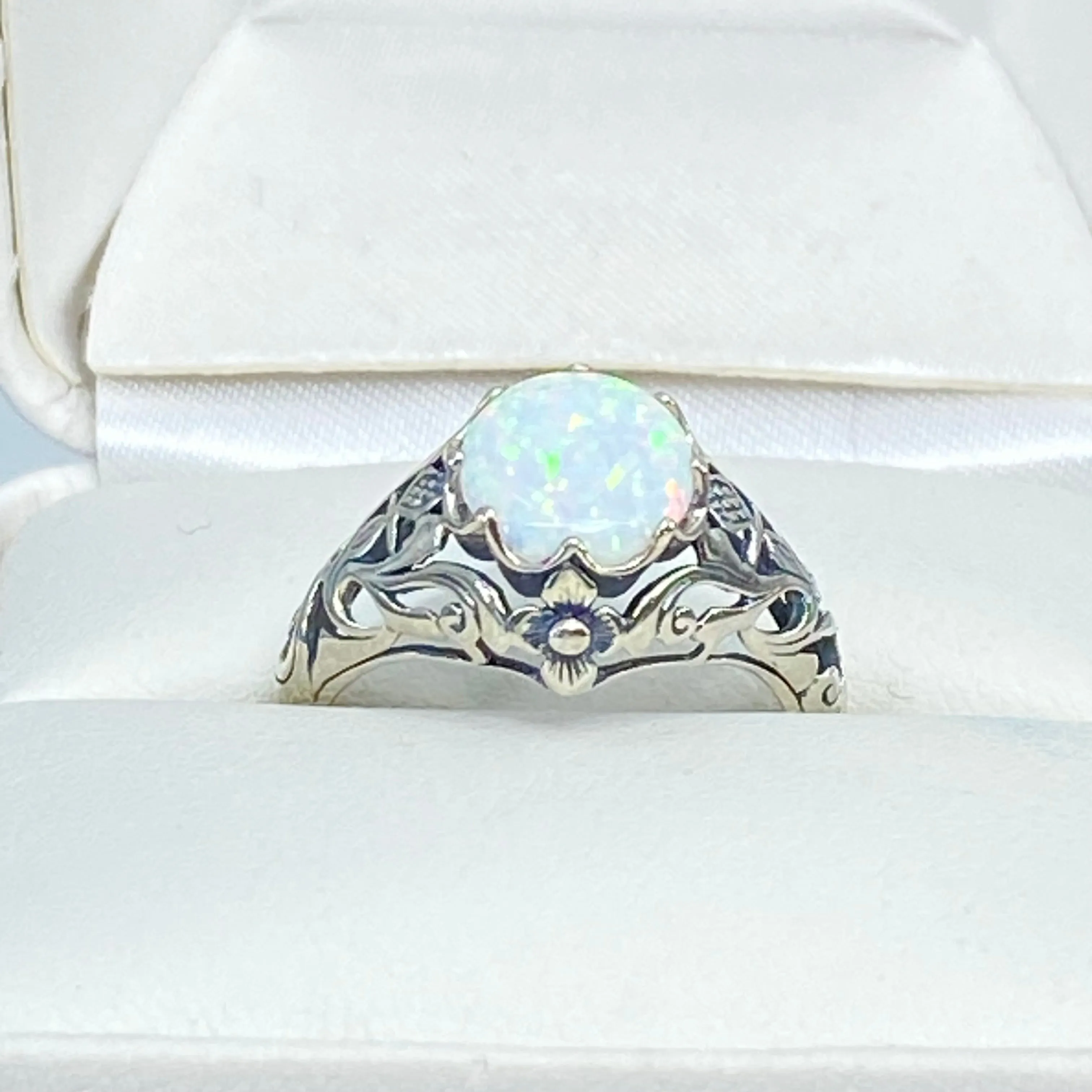 Opal Ring, Sterling Silver Daisy Filigree, Victorian Jewelry #D66