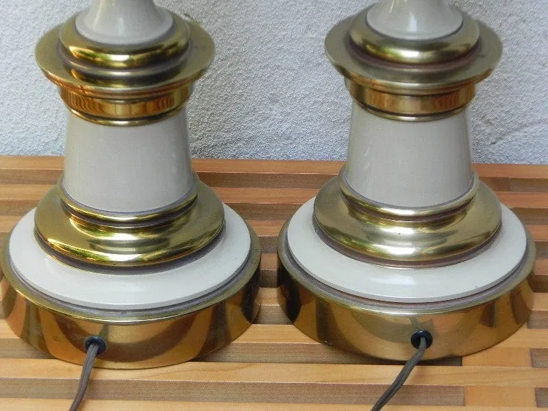 Pair Large Stiffel White Enameled Brass Table Lamps, Original Pleated Shades, 3-way Switches