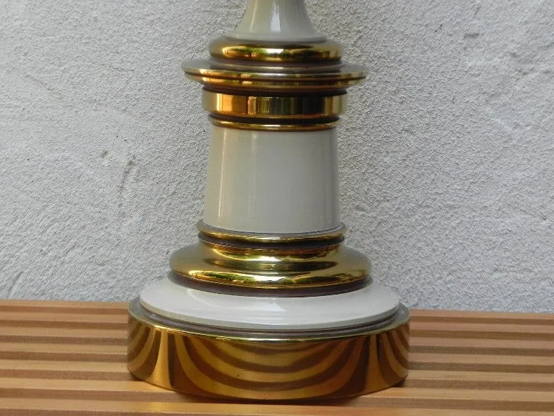 Pair Large Stiffel White Enameled Brass Table Lamps, Original Pleated Shades, 3-way Switches