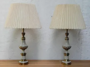 Pair Large Stiffel White Enameled Brass Table Lamps, Original Pleated Shades, 3-way Switches