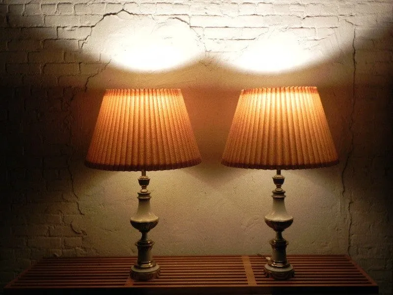 Pair Large Stiffel White Enameled Brass Table Lamps, Original Pleated Shades, 3-way Switches