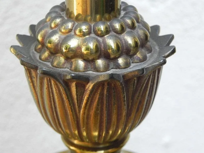 Pair Large Stiffel White Enameled Brass Table Lamps, Original Pleated Shades, 3-way Switches