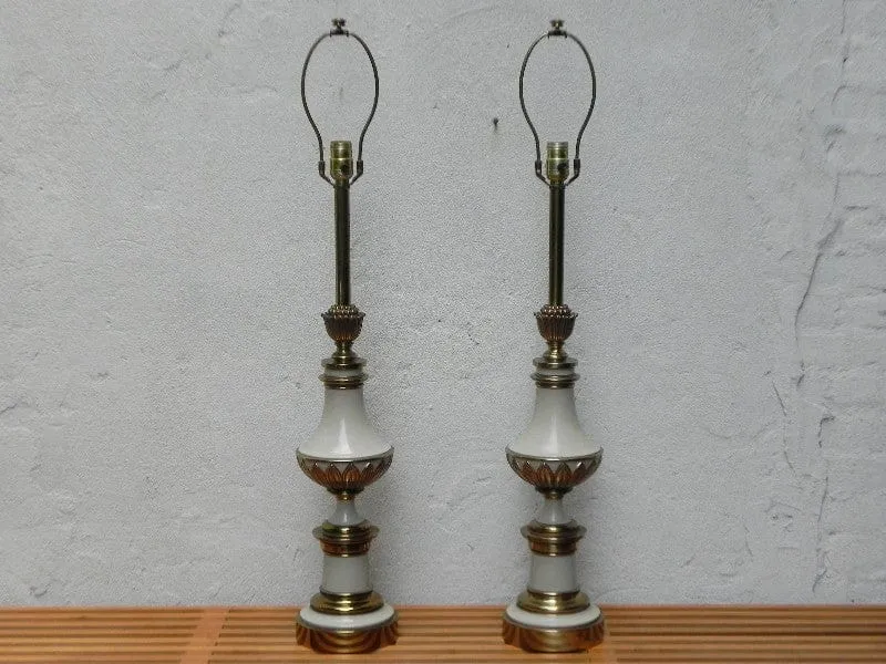 Pair Large Stiffel White Enameled Brass Table Lamps, Original Pleated Shades, 3-way Switches