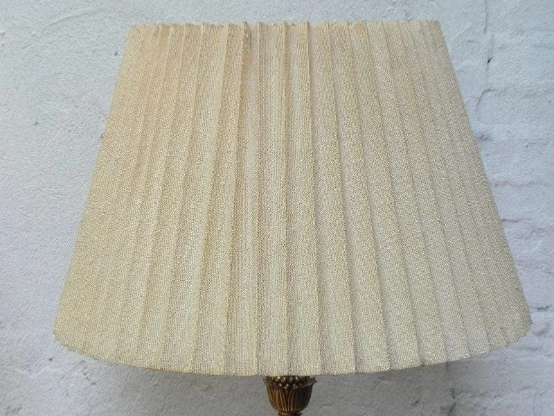 Pair Large Stiffel White Enameled Brass Table Lamps, Original Pleated Shades, 3-way Switches