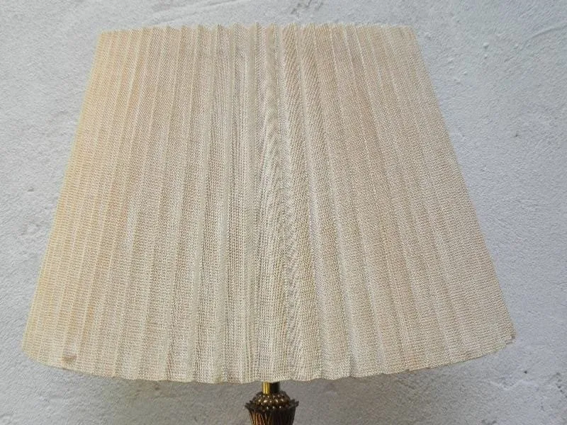 Pair Large Stiffel White Enameled Brass Table Lamps, Original Pleated Shades, 3-way Switches