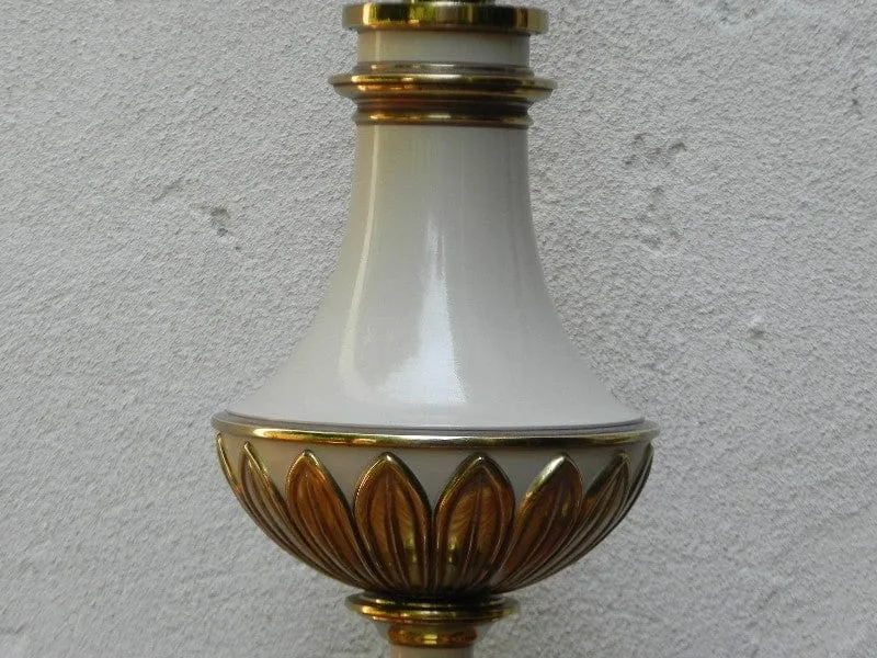Pair Large Stiffel White Enameled Brass Table Lamps, Original Pleated Shades, 3-way Switches