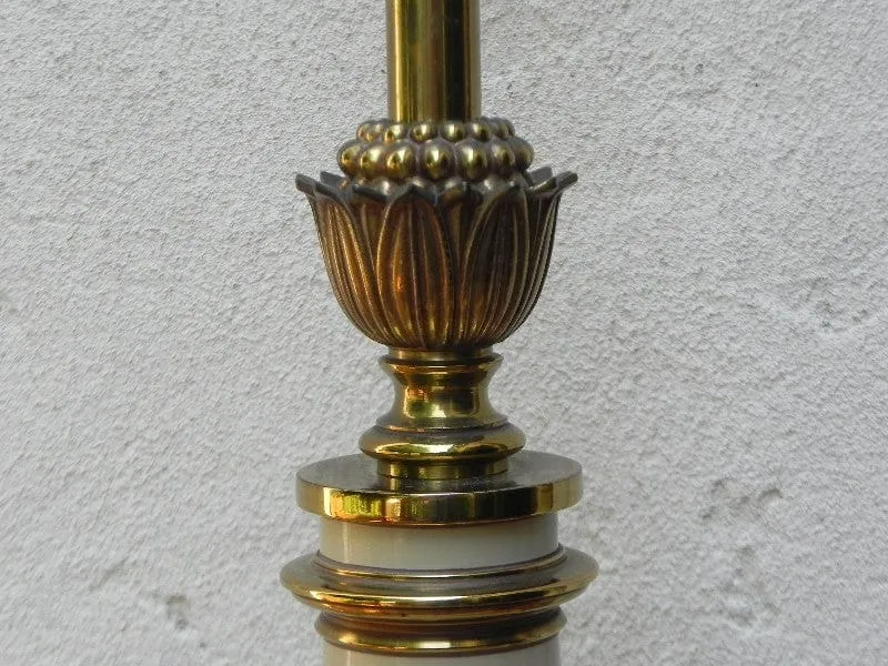 Pair Large Stiffel White Enameled Brass Table Lamps, Original Pleated Shades, 3-way Switches