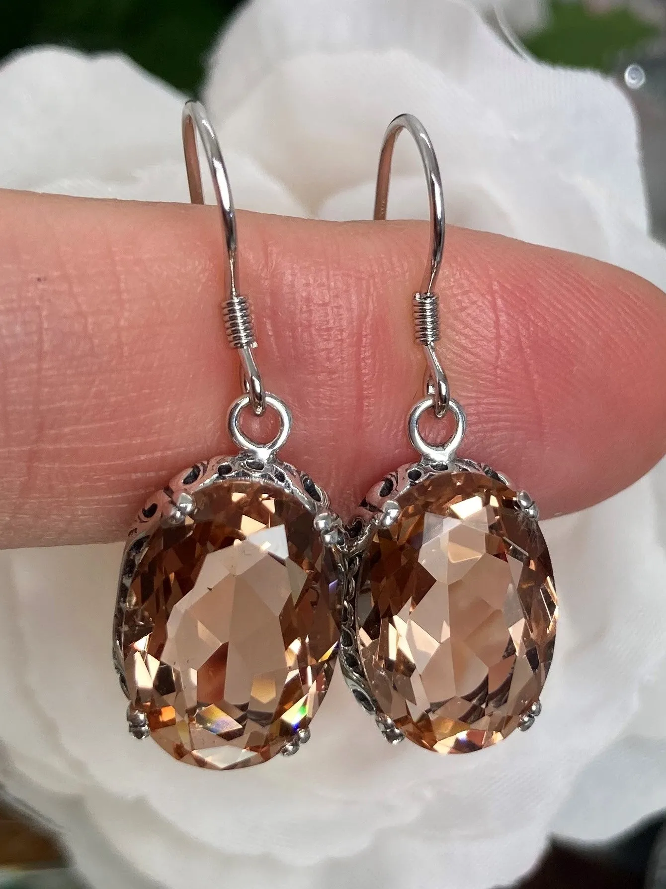 Peach CZ Earrings, Cubic Zirconia Edwardian Jewelry #E70