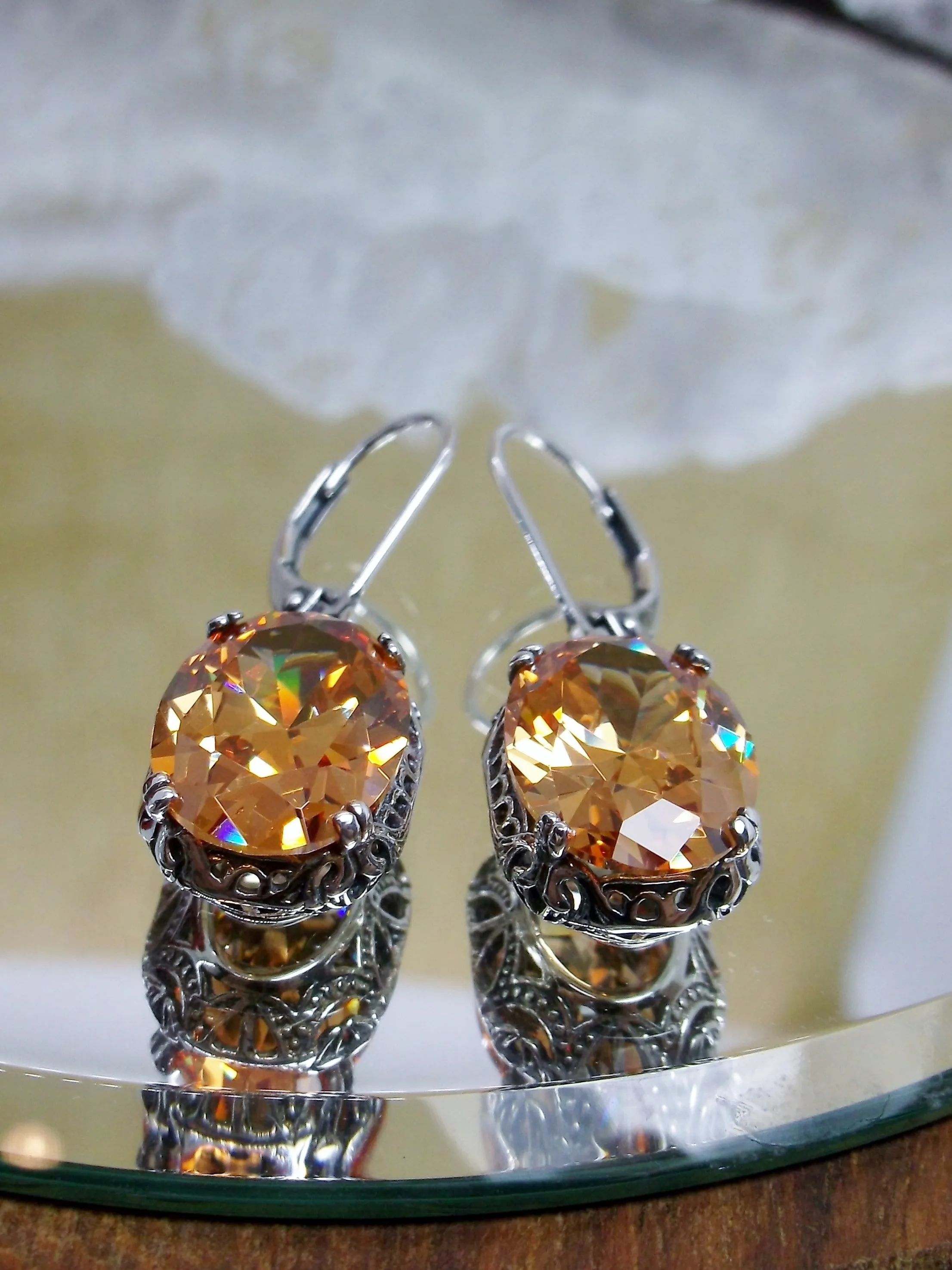 Peach CZ Earrings, Cubic Zirconia Edwardian Jewelry #E70
