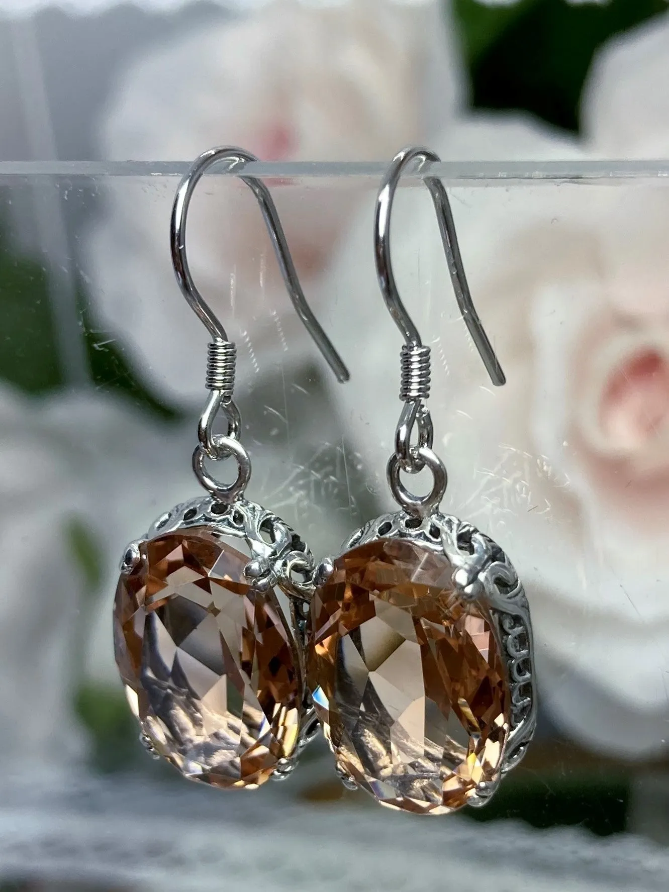 Peach CZ Earrings, Cubic Zirconia Edwardian Jewelry #E70