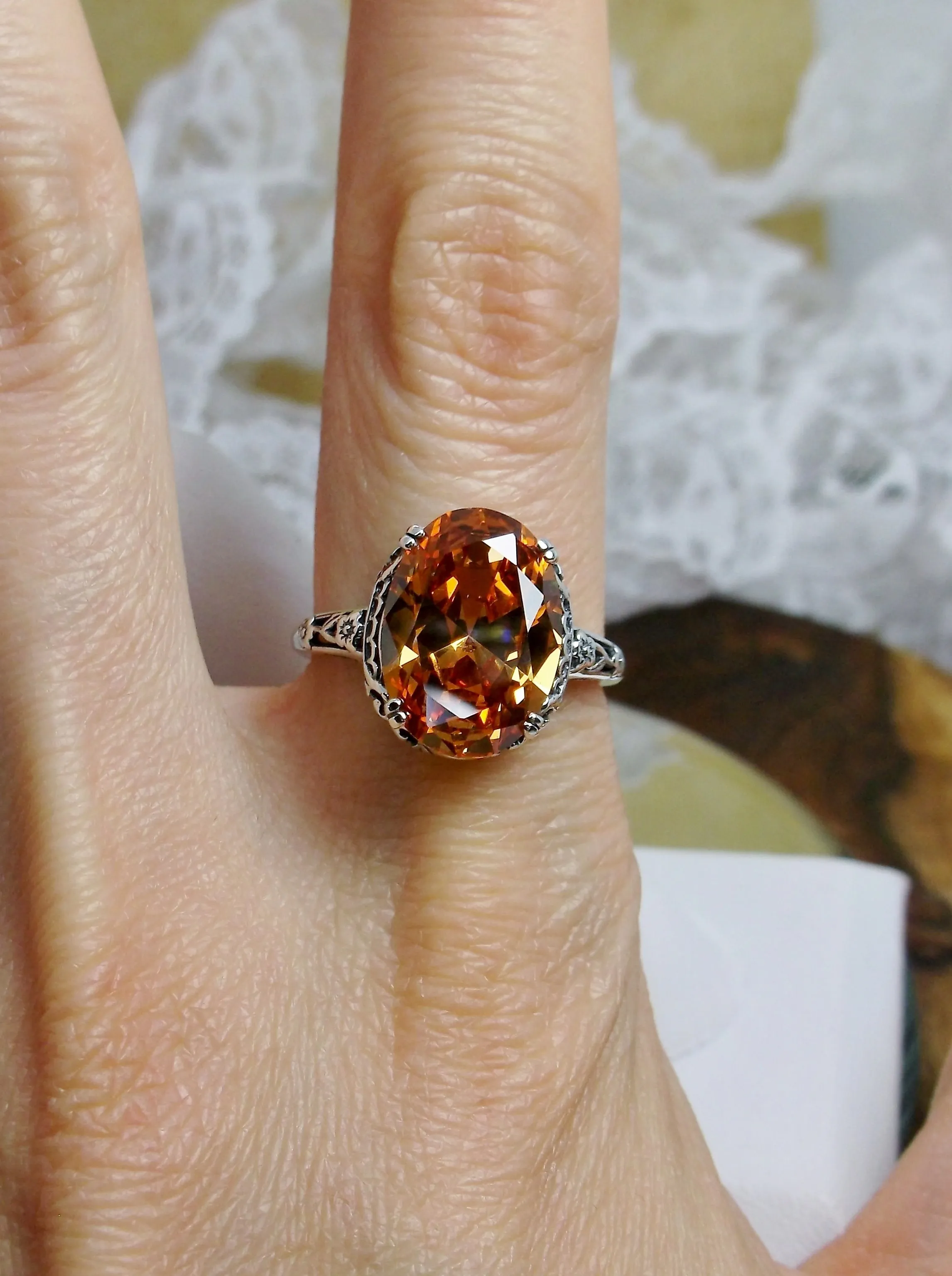 Peach CZ Ring, Revival Edwardian Jewelry #D70