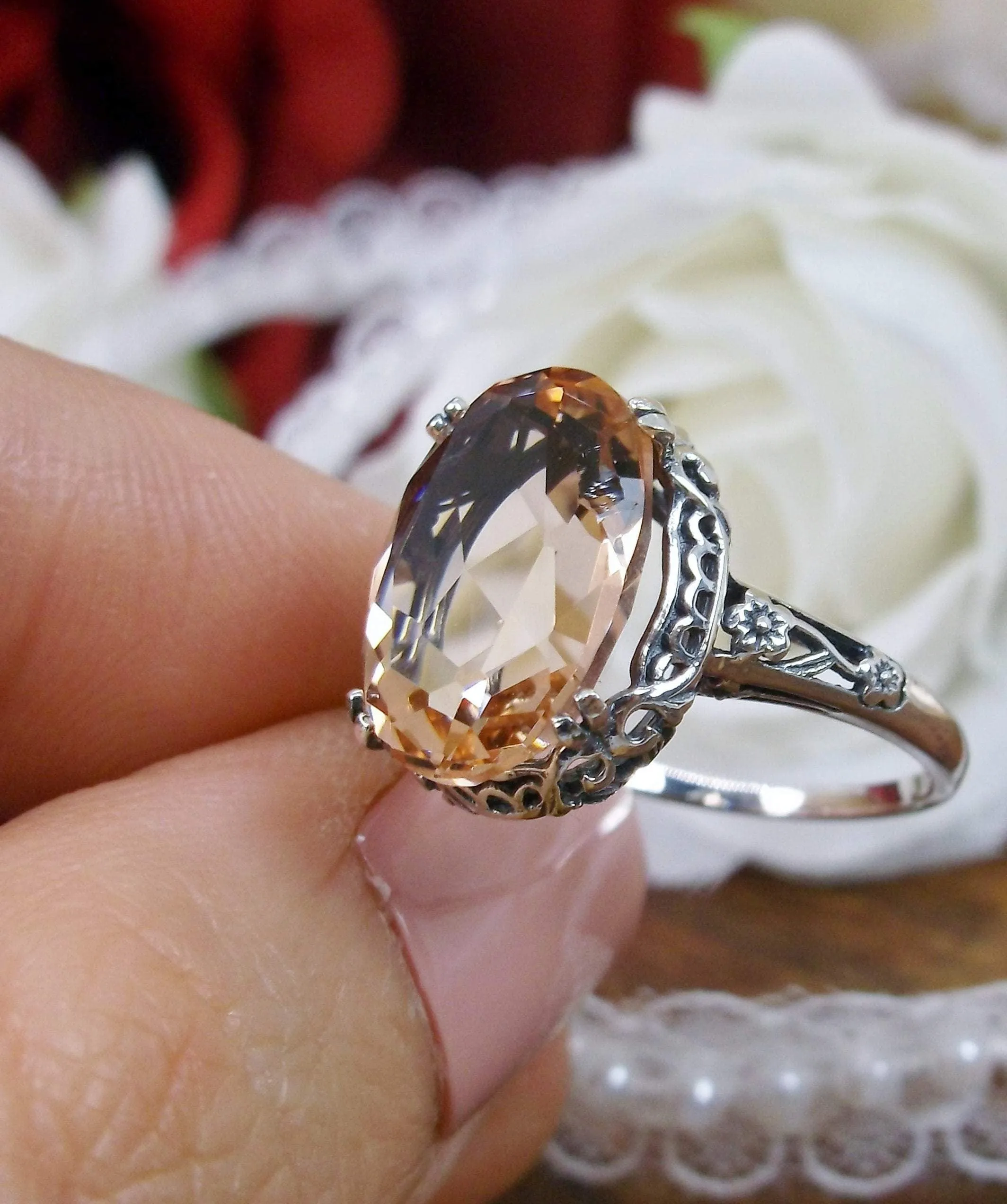 Peach Topaz Ring, Revival Edwardian Jewelry #D70